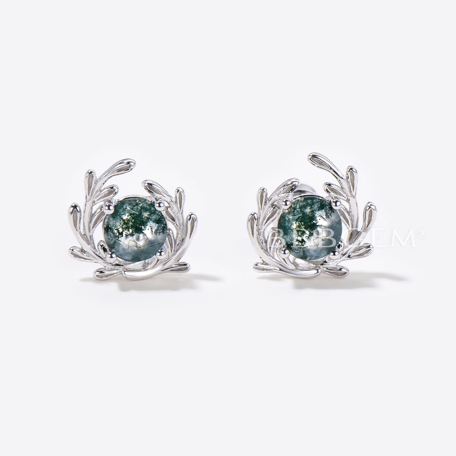 Round Natural Moss Agate Leaf Stud Earrings - 14k White Gold Boho Style Jewelry for Women - Perfect for Everyday Wear, Gift Giving & Boho Fashion