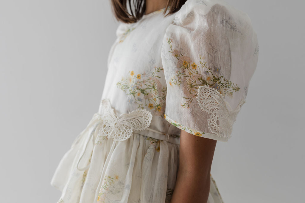 Petite Amalie Elbow Sleeve Floral Butterfly Print Dress for Women | Spring Meadow Flowy Midi Dress | Perfect for Garden Parties, Brunch Dates & Summer Weddings