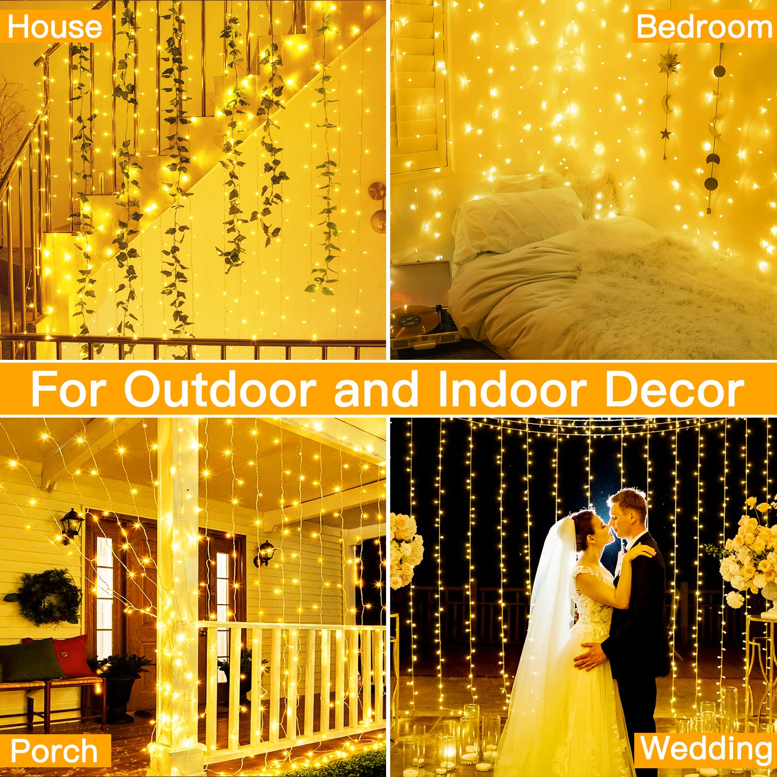 Ollny 200LED Curtain Lights 6.6x6.6ft - USB Powered Warm White Fairy String Lights with Remote, 8 Modes & Dimmable Timer - Waterproof Indoor/Outdoor Decorative Lighting for Bedroom, Wall, Window, Backdrop, Wedding, Party, Garden