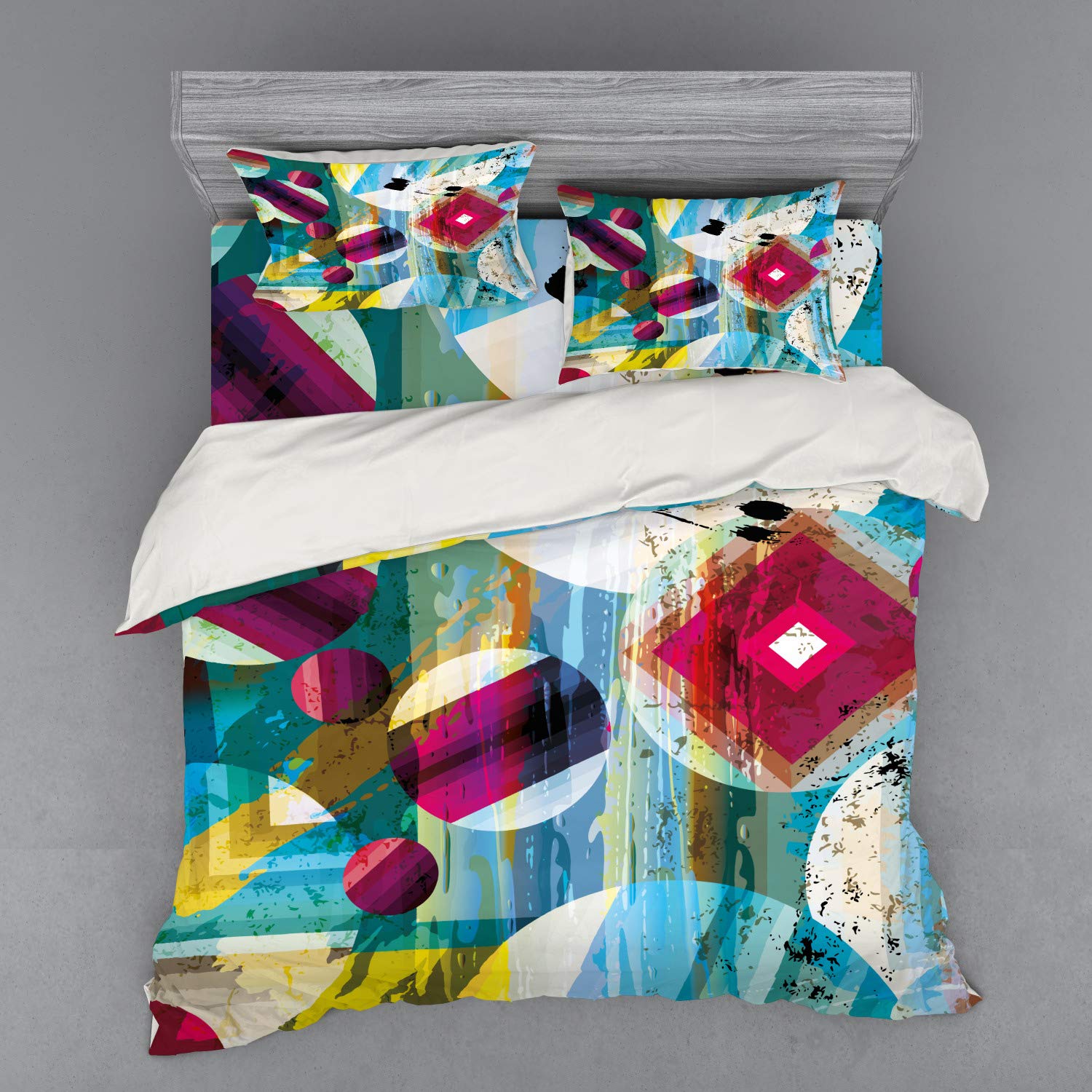 Ambesonne Modern Art Bedding Set - Vintage Geometric & Celestial Planet Print Duvet Cover, 4 Piece King Size Set with Shams & Fitted Sheet - Multicolor Space-Themed Bedroom Decor for Contemporary Home Styling