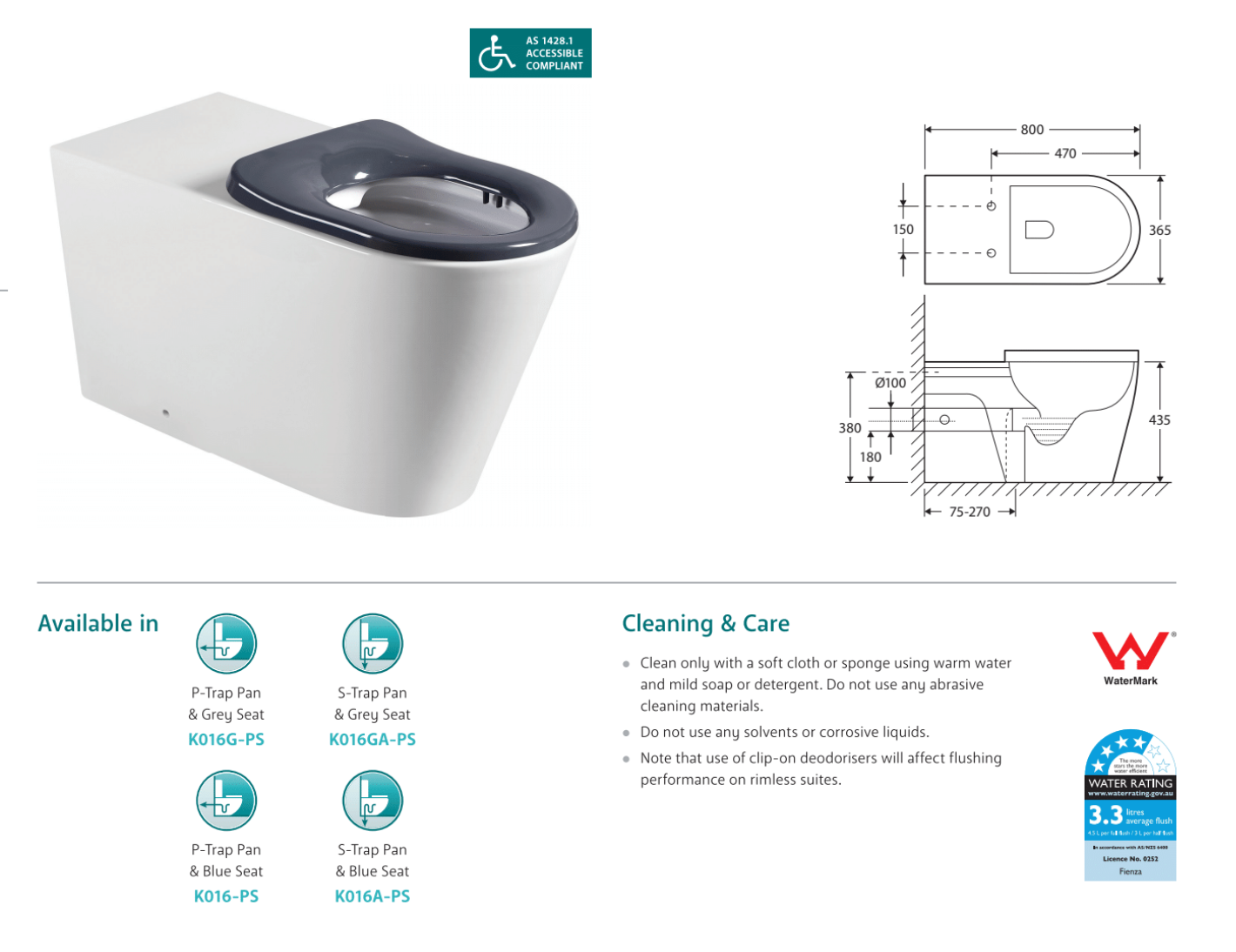 Fienza Isabella Care Back to Wall Toilet Suite with Soft-Close Blue Seat - Modern Water-Saving Bathroom Toilet for Home & Commercial Use