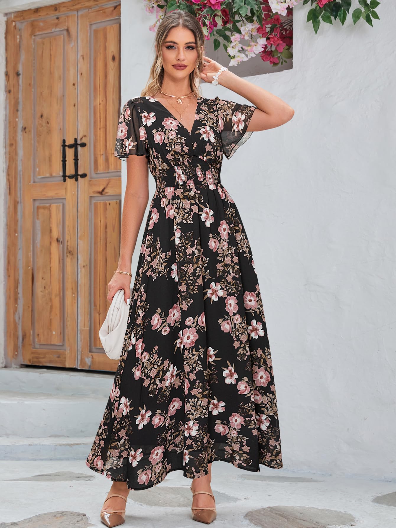 Simplee Women's Boho Floral Maxi Dress - Flowy Casual V-Neck Short Sleeve Summer Dress for Wedding Guest, Holiday, Beach & Vacation | Perfect for Outdoor Parties, Date Nights & Tropical Getaways