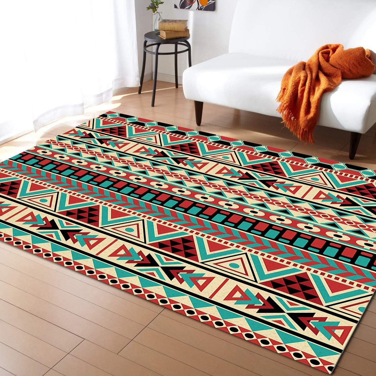 Aztec Ethnic Area Rug 5ftx7ft - Native American Indigenous Soft Washable Carpet with Non-Slip Backing | Easy to Clean Living Room Rug, Bedroom Carpet, Kitchen & Dining Room Floor Mat | Perfect for Home Office Decor & Cozy Spaces