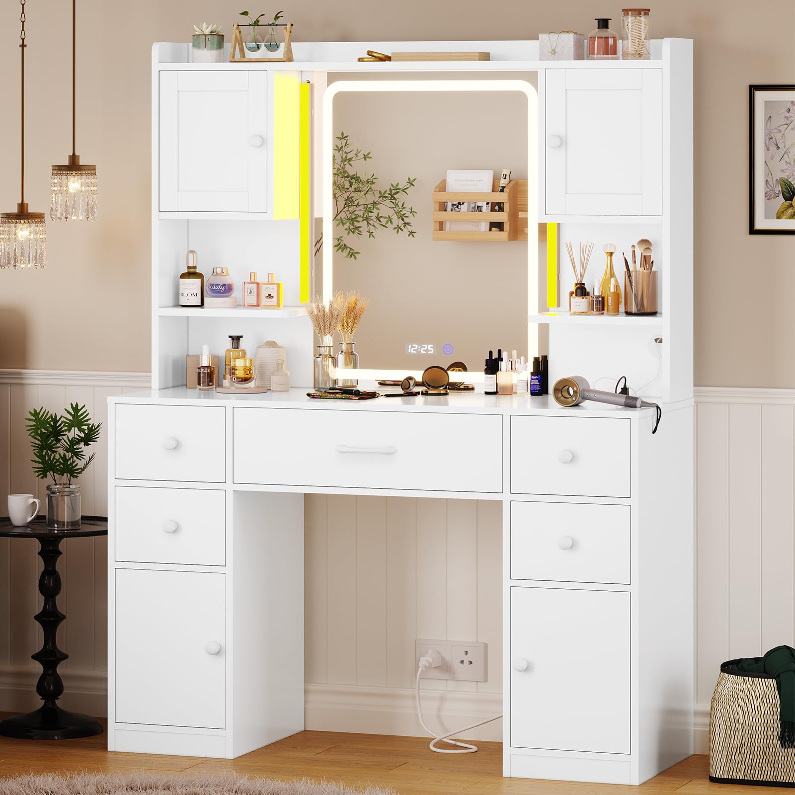 Tiptiper Large Vanity Desk with Mirror & LED Lights - Makeup Vanity Table with USB Charging Station, Smart Mirror with Time Display & 5 Storage Drawers - Perfect for Bedroom, Dressing Room & Home Salon (White)