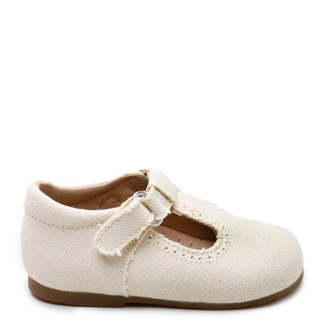 Ivory Linen Baby Shoes with Velcro T-Strap - Soft & Comfortable First Walkers for Infants & Toddlers - Perfect for Special Occasions, Photo Shoots & Everyday Wear