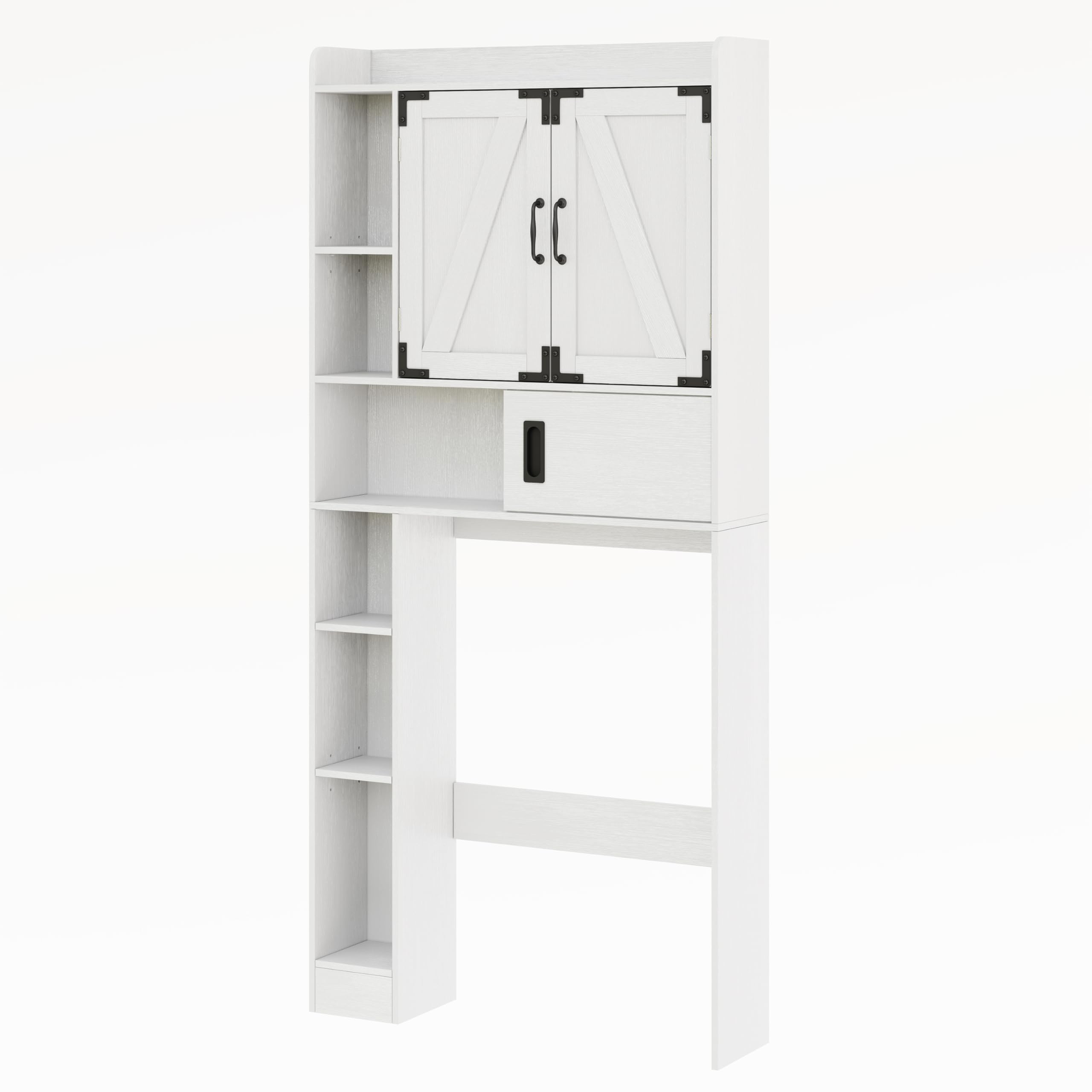 Farmhouse Over The Toilet Storage Cabinet with Sliding Barn Doors - White Bathroom Organizer with Adjustable Shelves & Drawer - Space Saving Solution for Towels, Toiletries and Bathroom Essentials