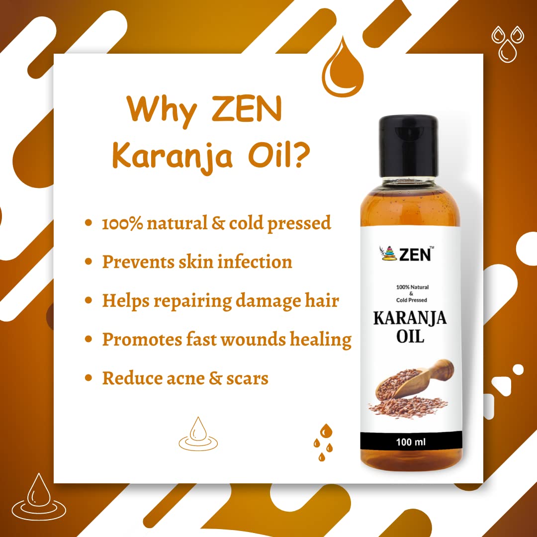 GREENEEM Zen Cold Pressed Karanja Oil 100ml | 100% Pure Organic Herbal Karanj Oil for Hair Growth, Skin Care & Body Massage | Natural Ayurvedic Treatment for Dry Scalp, Acne & Inflammation | Perfect for Aromatherapy, DIY Beauty Recipes & Holistic Wellness
