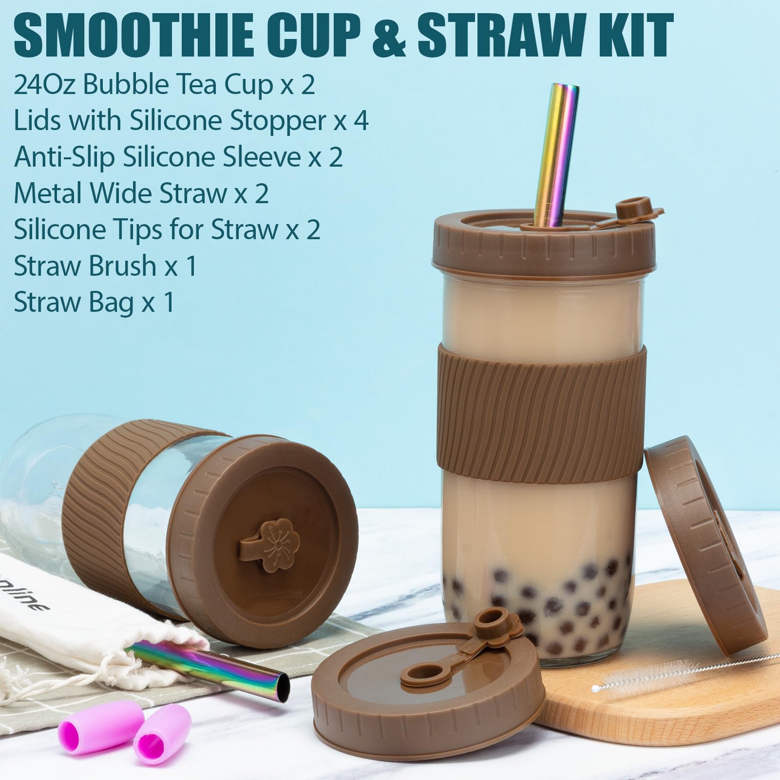 Reusable 24oz Glass Mason Jars with Lids & Straws - 2 Pack Wide Mouth Smoothie Cups, Bubble Tea Glasses with Silicone Sleeves - Leakproof Travel Tumbler for Iced Coffee, Juice & Large Pearls - Perfect for Home, Office & Birthday Gifts