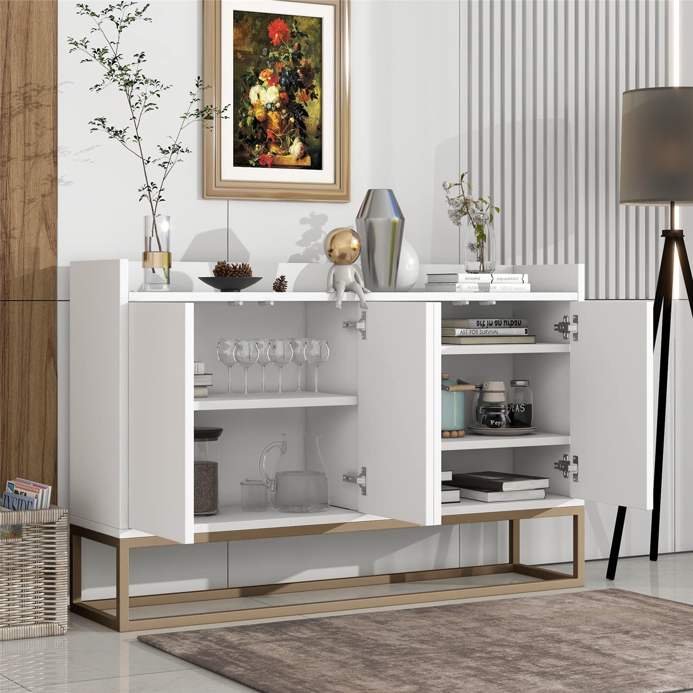 Modern White Sideboard Buffet Cabinet with Large Storage & Gold Metal Legs - Elegant Accent Storage Console Table with Adjustable Shelf for Dining Room, Kitchen, Hallway | Perfect for Home Decor & Entertaining Guests