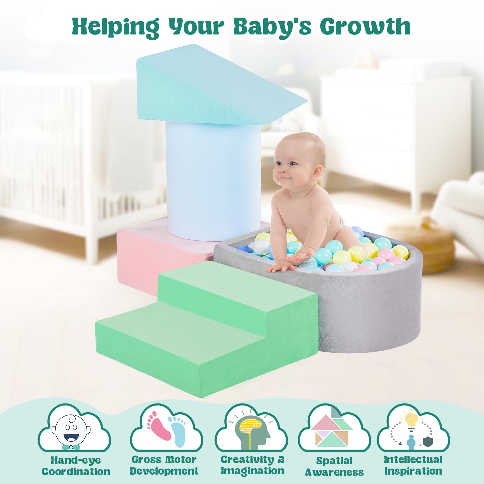 Best Foam Climbing Blocks for Toddlers 1-3 Years - 5-Piece Soft Play Set with Ball Pit (Balls Not Included) - Indoor Climbing & Crawling Activity Toys - Perfect Birthday Gift for Boys & Girls - Great for Playrooms, Daycares and Home Play Areas