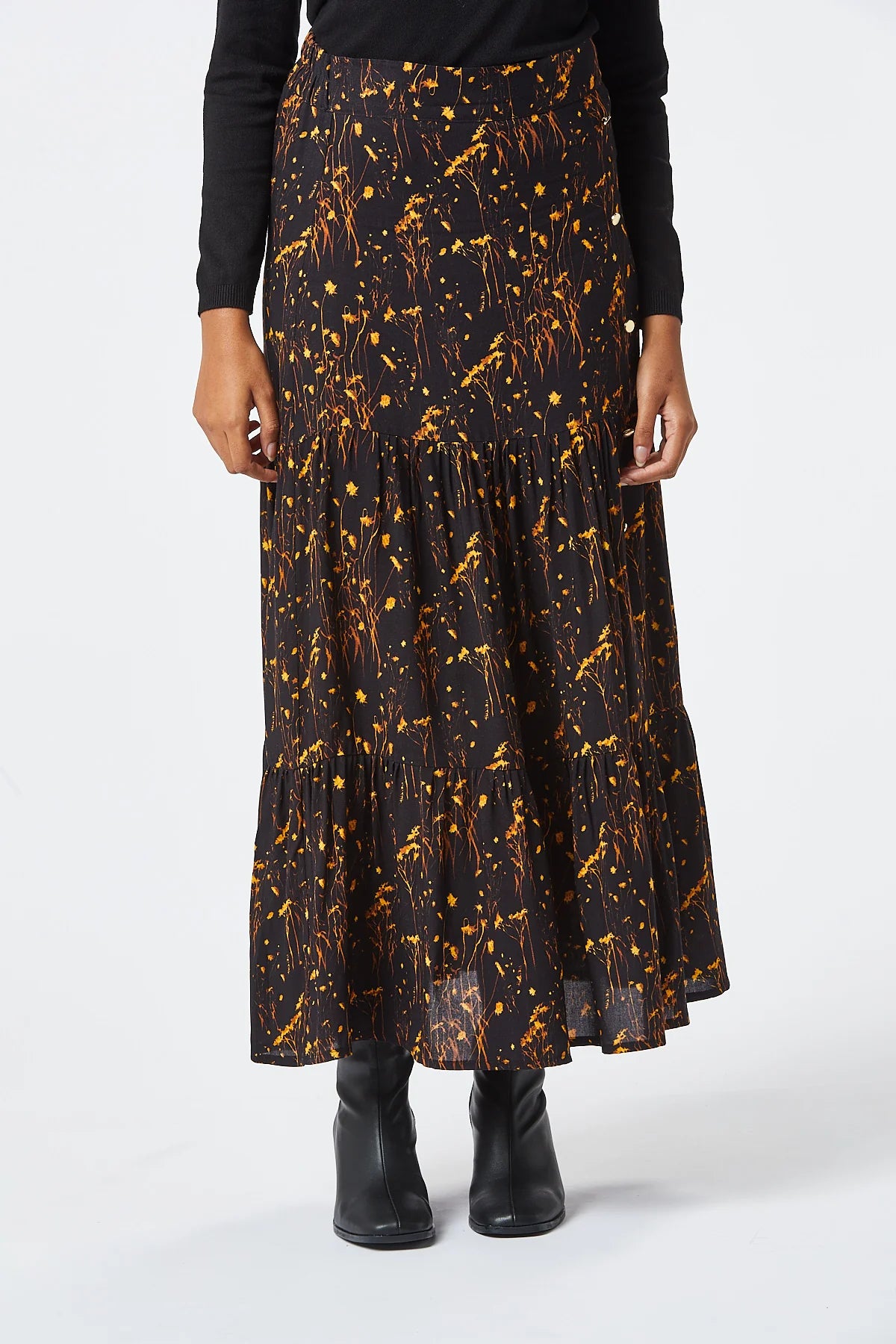 LIDY MIDI SKIRT for Women - High Waist Flowy A-Line Skirt in Black & Rust Colors - Perfect for Office, Date Night & Casual Outfits
