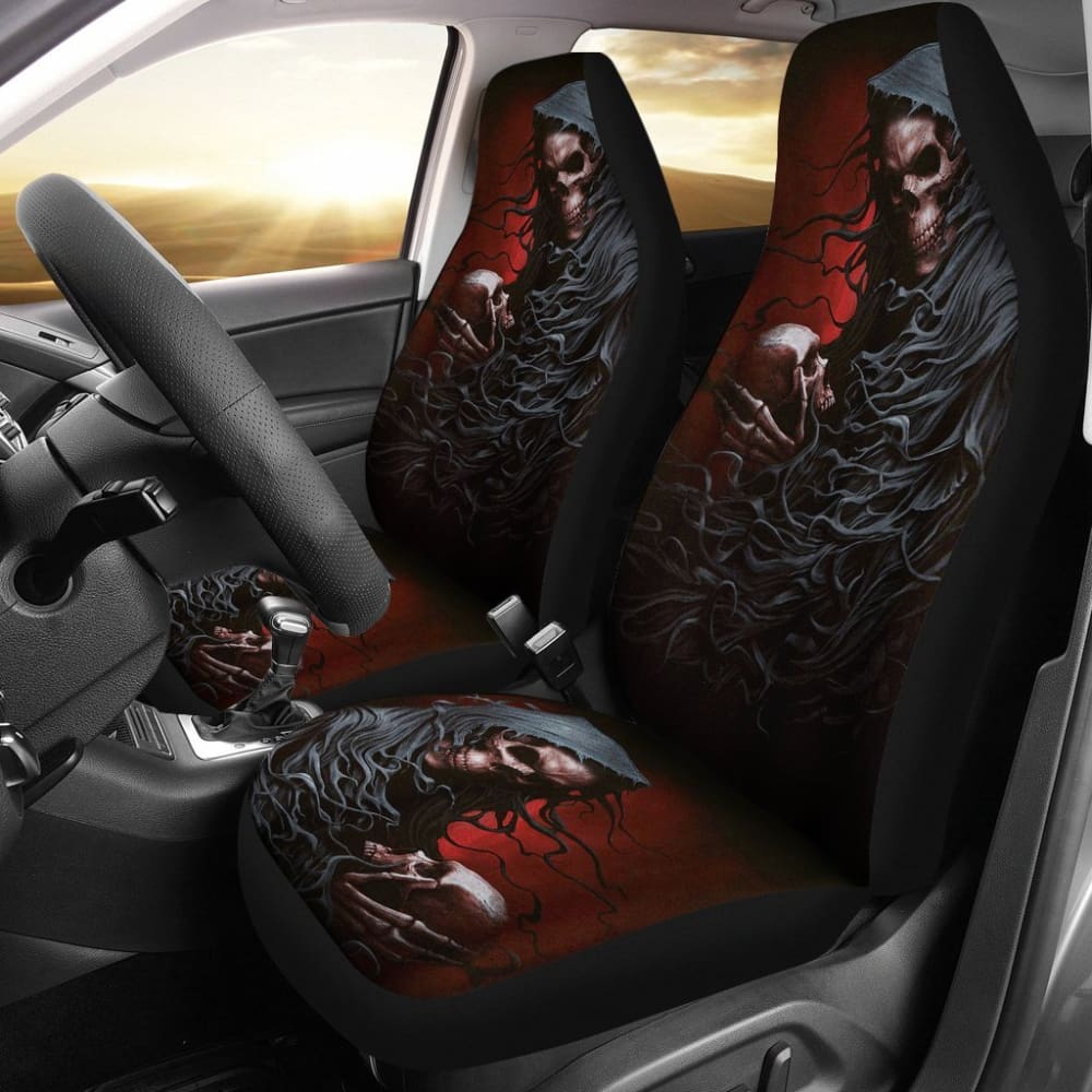 2 Pcs Gothic Skull Car Seat Covers - Universal Fit for Cars, Trucks & SUVs - Black PU Leather with Skull Design - Perfect for Halloween, Gothic Style & Car Accessories