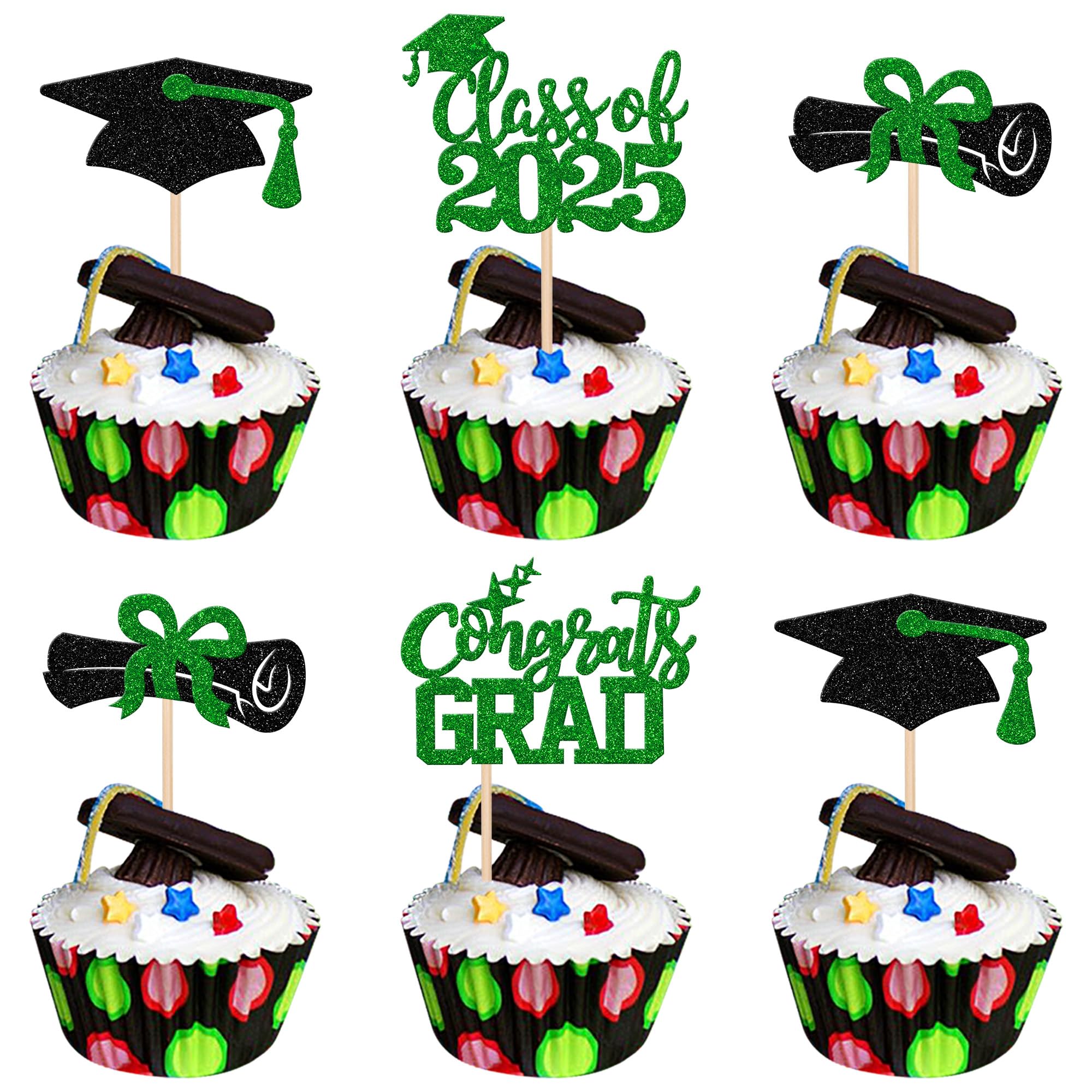 24 PCS Class of 2025 Graduation Cupcake Toppers - Glitter 2025 Congrats Grad Cap & Diploma Cake Decorations - Green Graduation Party Supplies for High School, College Commencement Celebrations