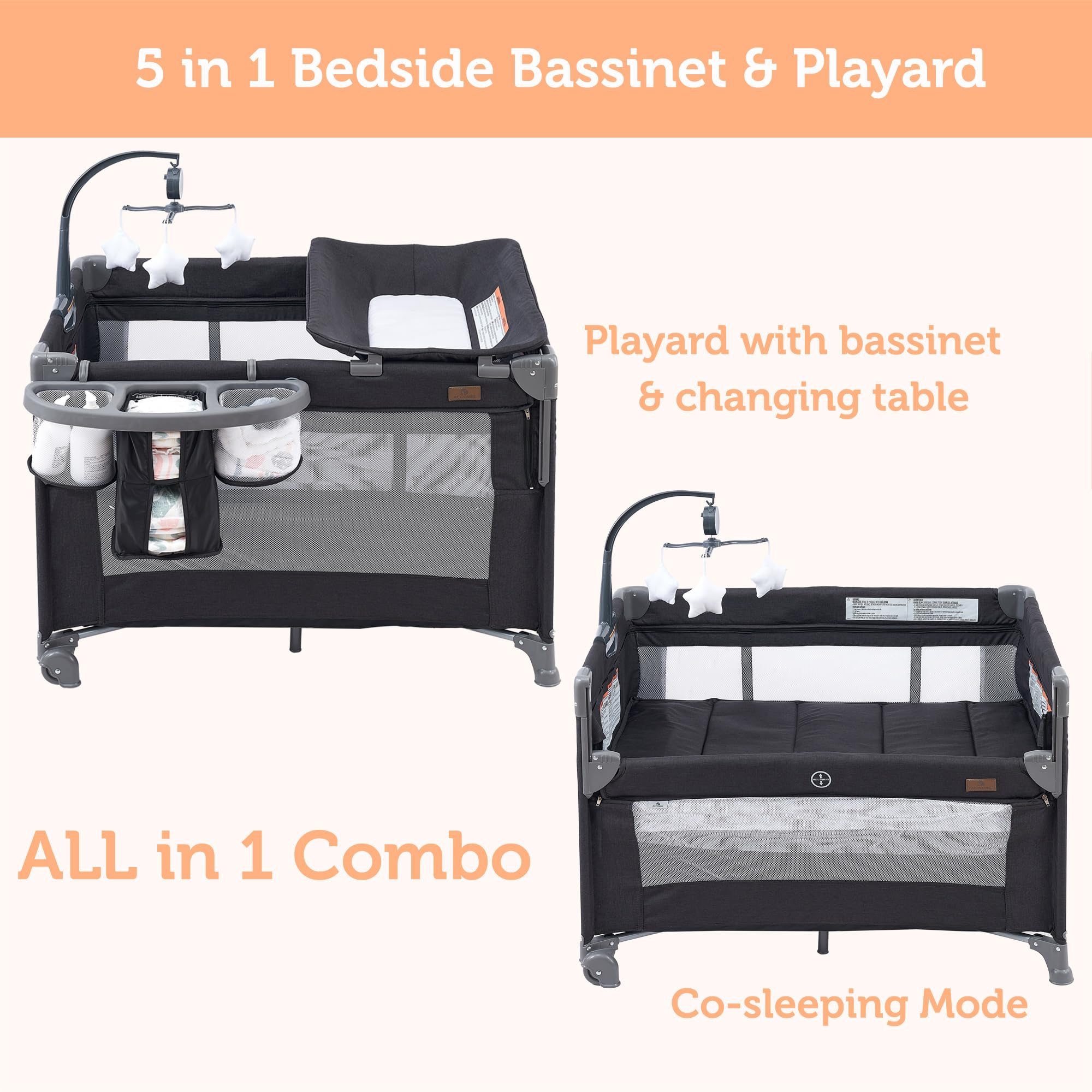 5 in 1 Baby Bedside Sleeper & Playard with Bassinet, Mattress & Storage - Portable Crib for Newborn to Toddler (Dark Grey/Light Gray) - Perfect for Nursery, Bedroom & Travel