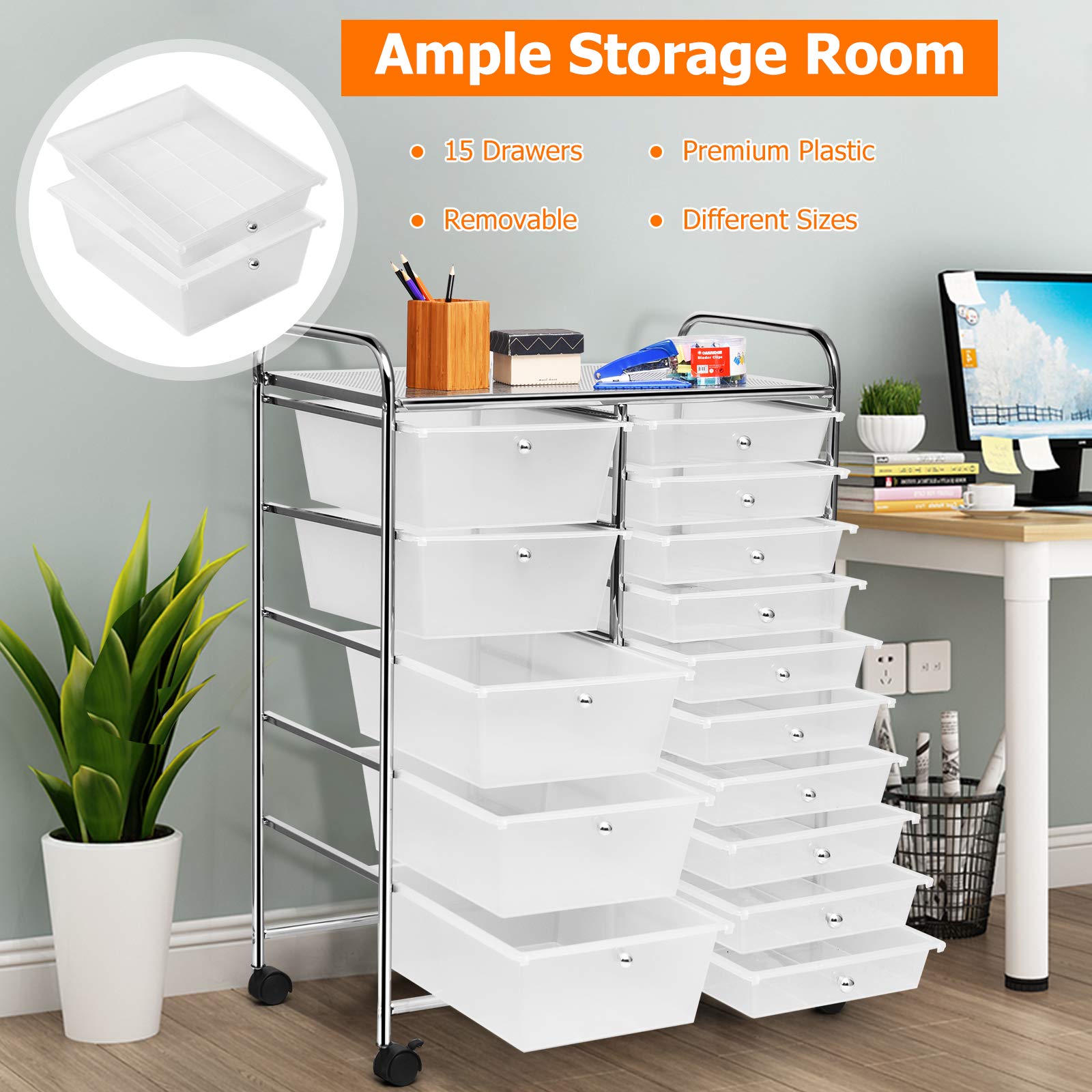 HAPPYGRILL 15-Drawer Rolling Storage Cart with Wheels - Organizer for Tools, Office, School & Craft Supplies - Portable Utility Cart for Home, Office & Classroom Organization