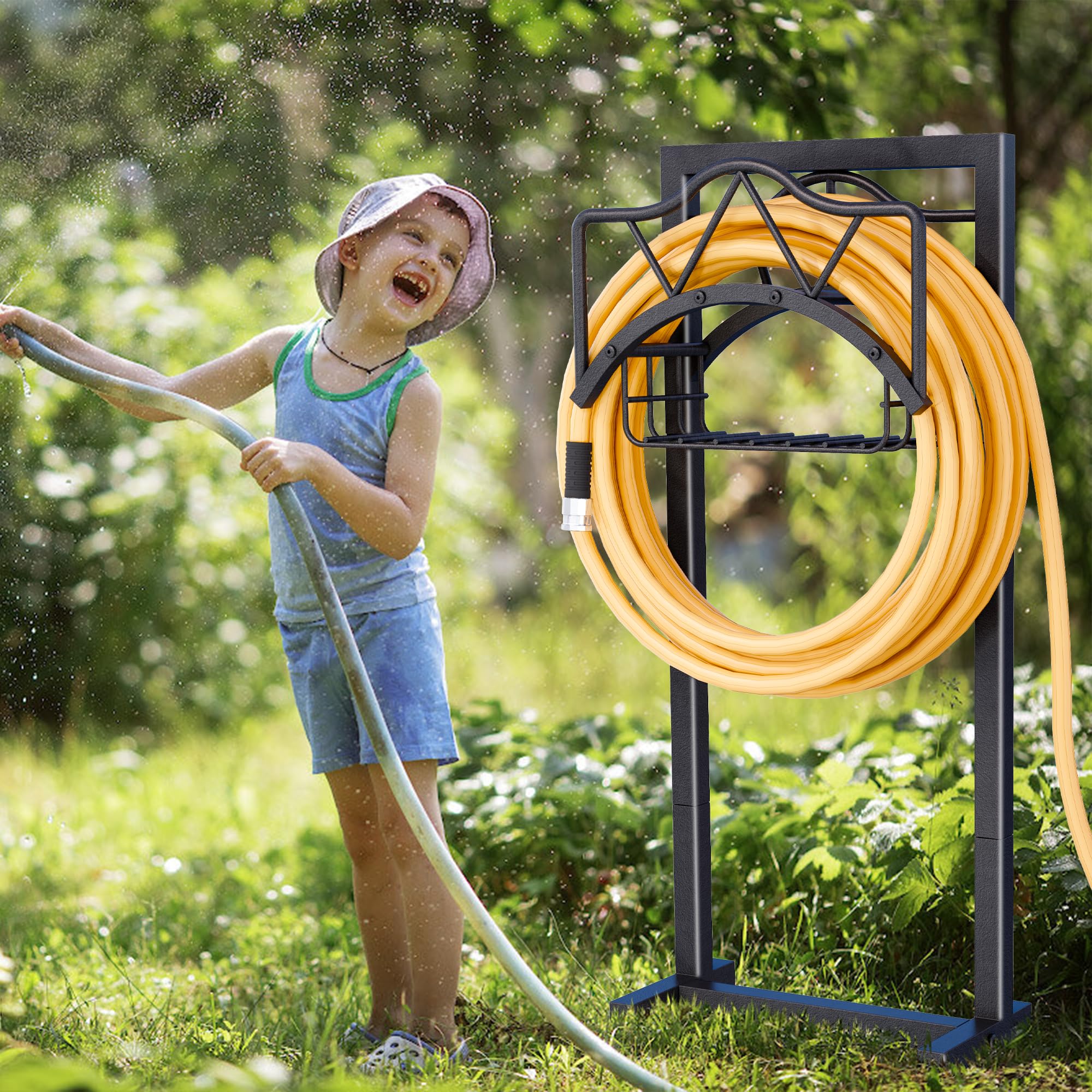 Heavy Duty Outdoor Metal Garden Hose Holder Stand with Basket - Freestanding Water Hose Reel for 150ft Hose, 5 Ground Spikes - Perfect for Yard, Lawn & Garden Watering (Black)