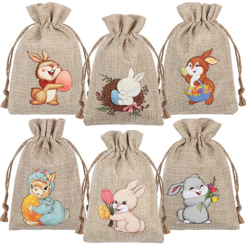 CCINEE 36PCS Easter Burlap Drawstring Bags - Bunny Jute Gift Bags for Kids Party Favors, Easter Egg Hunt Supplies & Spring Celebration Decorations