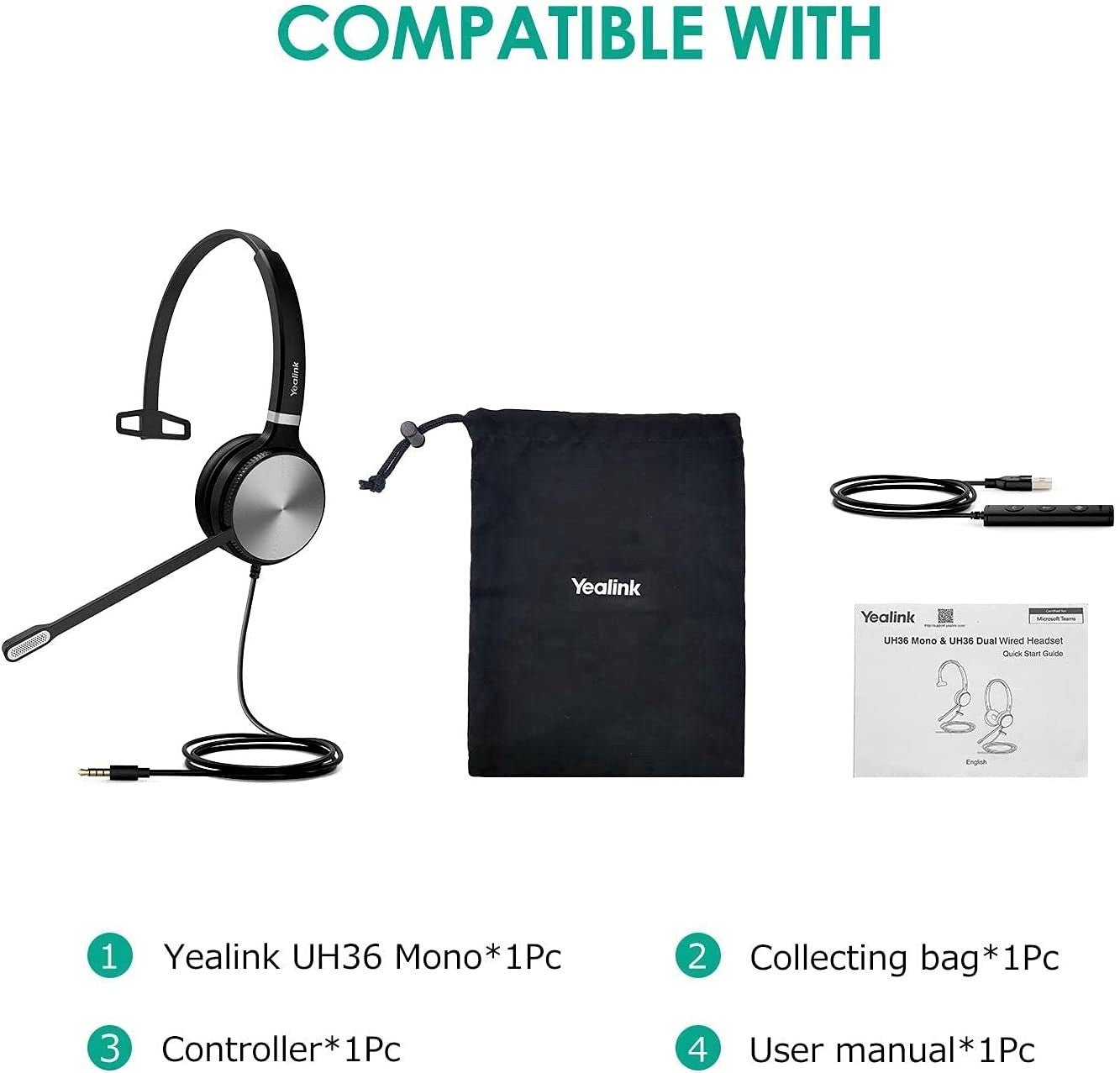 Yealink UH36 USB Wired Headset with Noise Cancelling Mic - Dual/Mono Mode for Office, Call Center & Remote Work | Comfortable Over-Ear Design for Long Wear