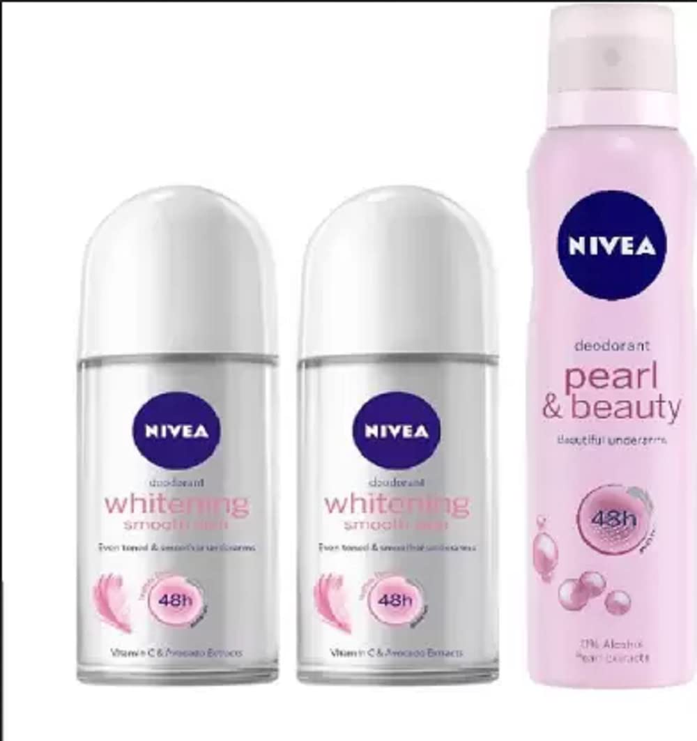 NIVEA Whitening Smooth Skin Roll On & Pearl & Beauty Deodorant Combo Pack - 3 Pack Women's Deodorant Spray (250ml Each) | Fresh All Day, Odor Protection for Workout & Daily Use