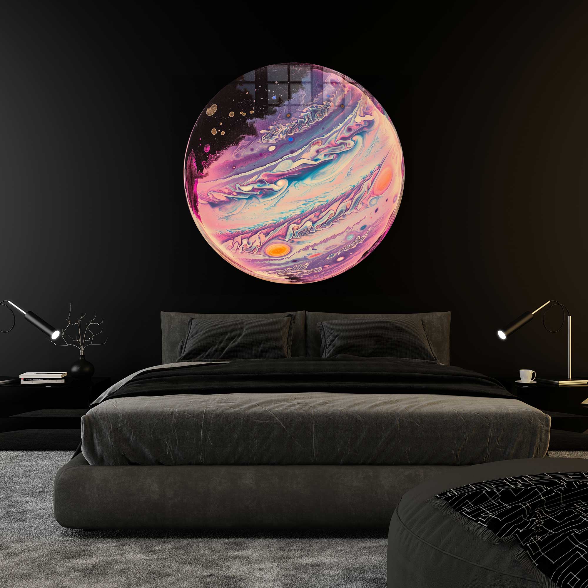 Handmade Ebru Art Rounded Glass Wall Decor - Unique Marble Painting for Living Room, Bedroom & Office