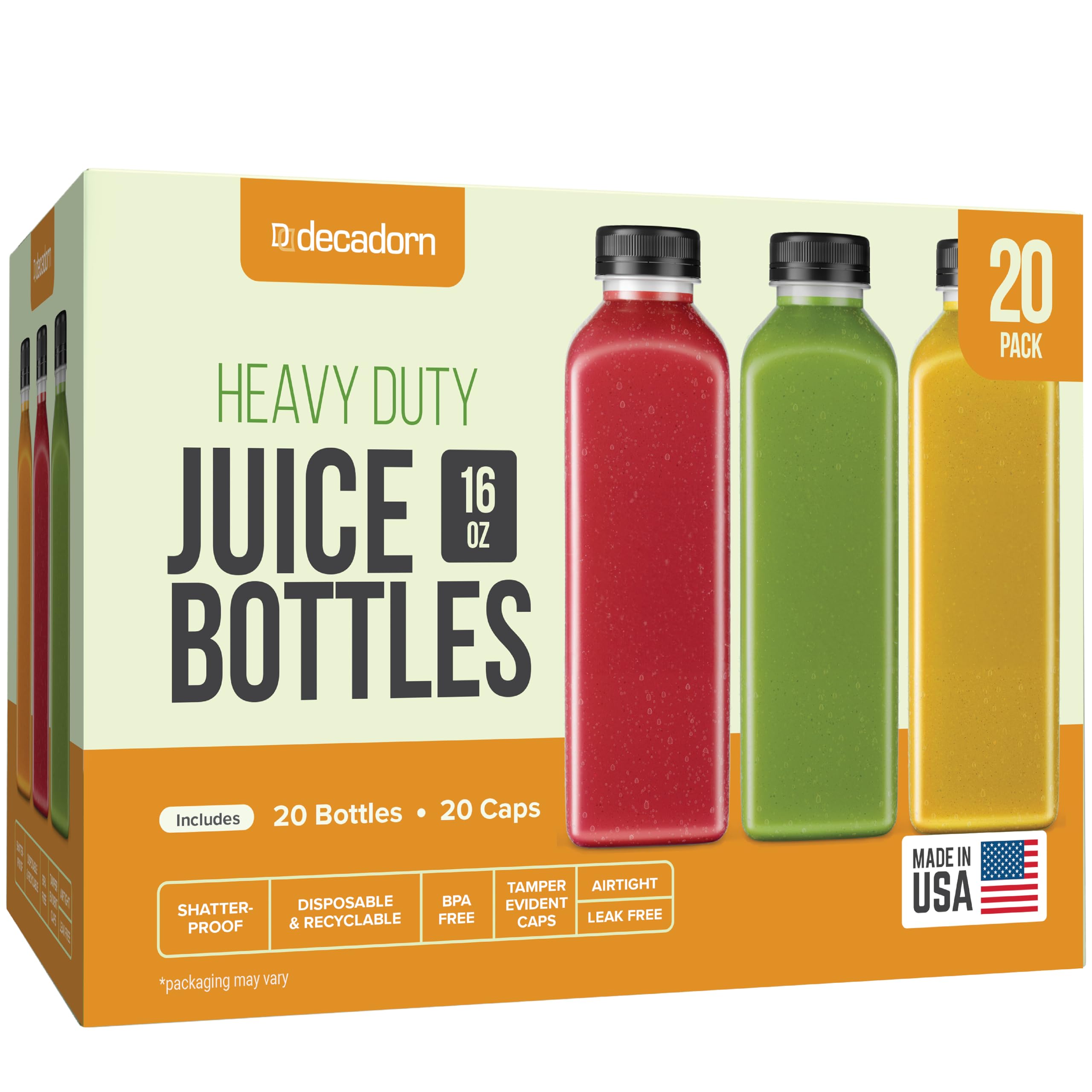 16oz 20pcs Juice Bottles With Tamper Evident Caps - BPA-Free, Shatterproof & Leakproof Juice Containers for Refrigerator Storage - Made in USA, Disposable & Recyclable - Perfect for Cold Pressed Juices, Meal Prep and On-the-Go Hydration