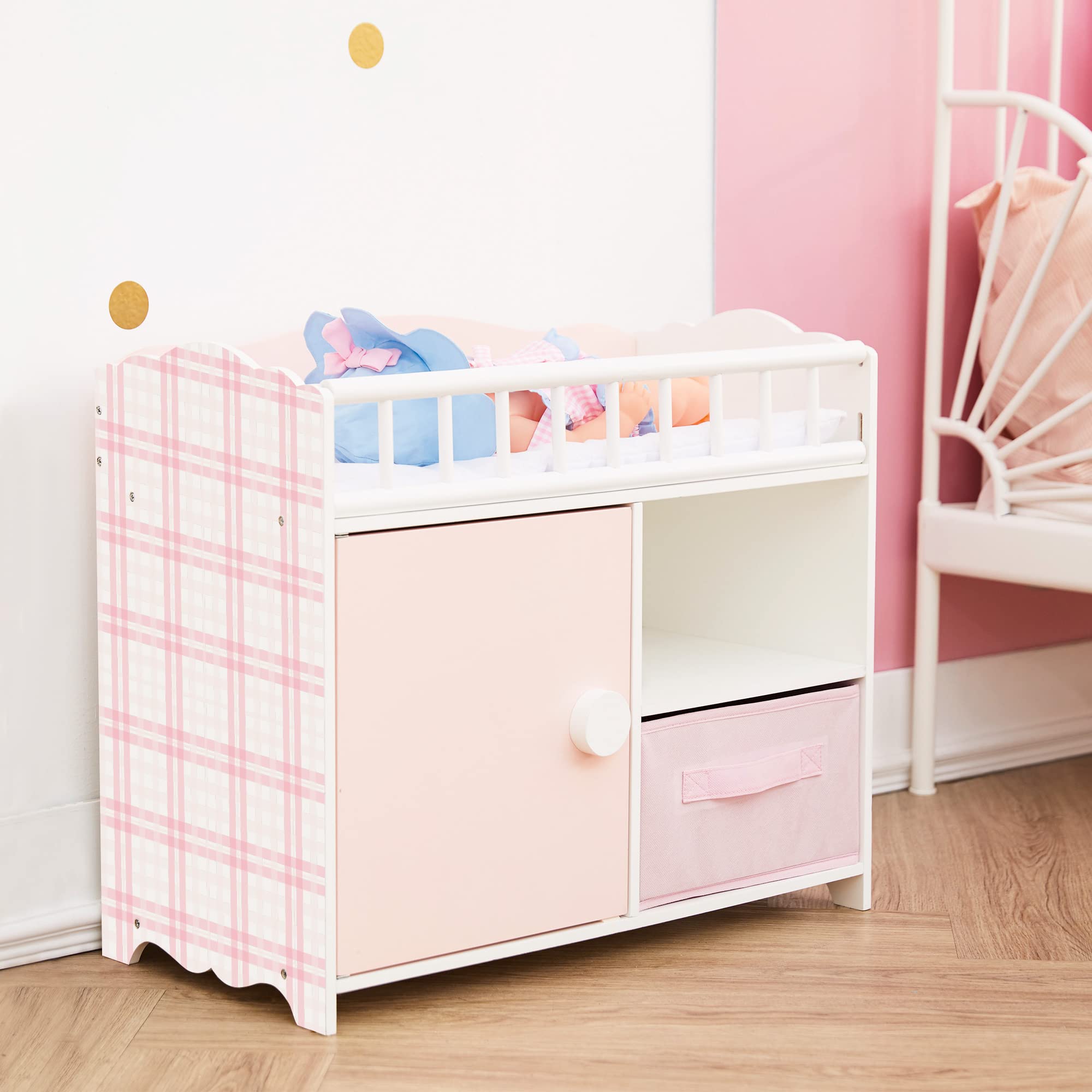 Olivia's Little World Pink and White Polka Dot Princess Wooden Baby Doll Crib with Under-Crib Storage - Cabinet with Door & 2 Cubbies | Perfect for Pretend Play, Nursery Decor & Gift for Toddlers