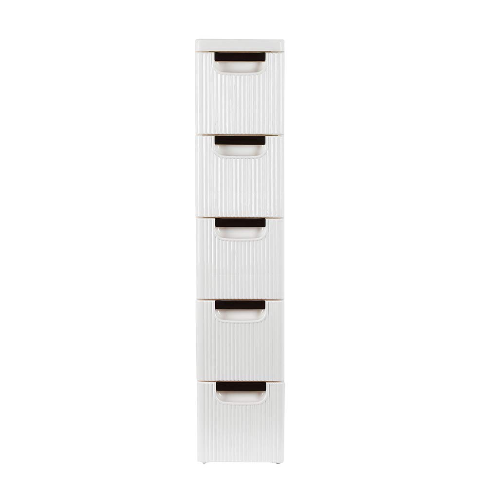 Narrow Slim Storage Cart with Wheels - 5-Tier Kitchen Cabinet Organizer, Small Plastic Shelf with Drawers for Bathroom & Fridge Side (7.5