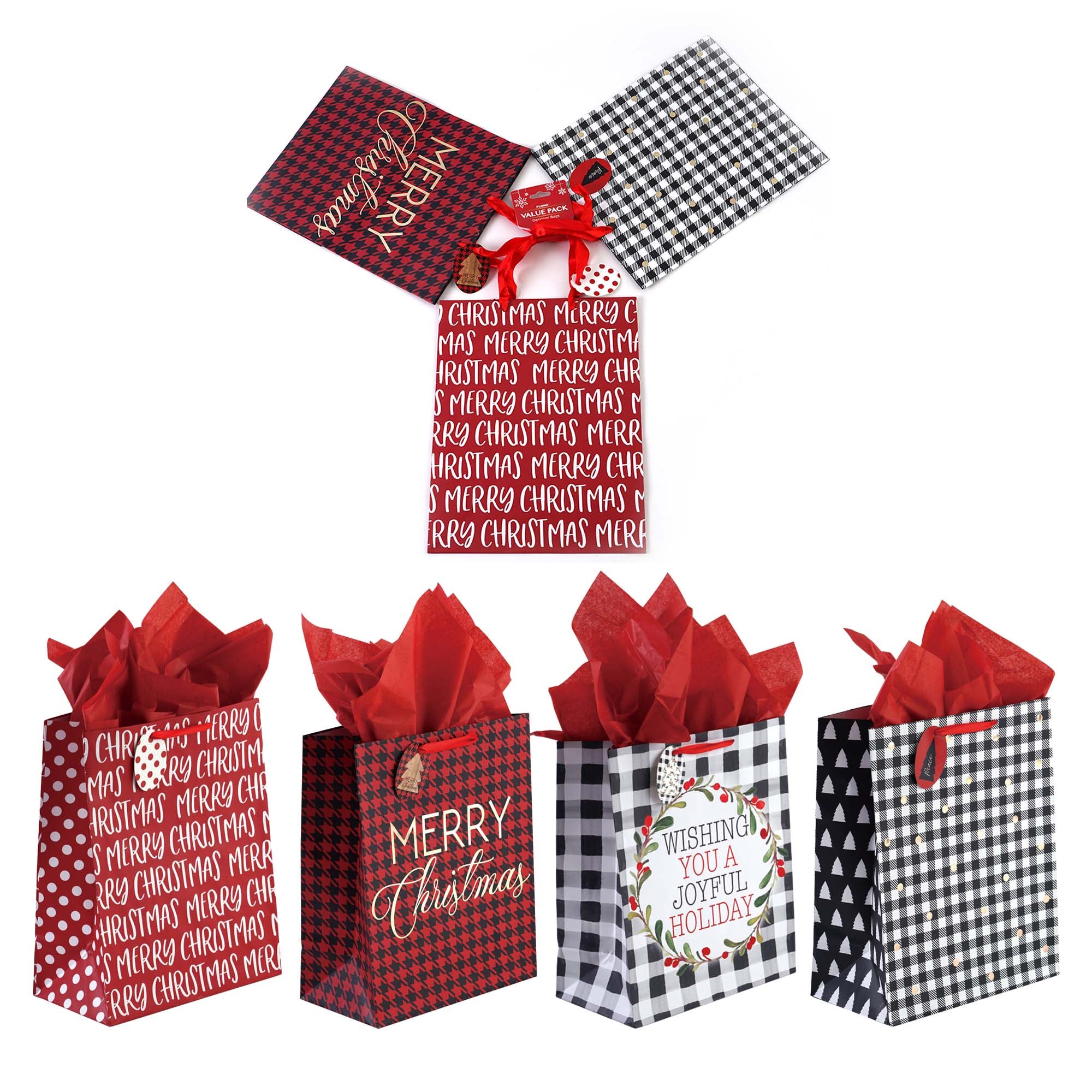 3-Pack Large Festive Plaid Christmas Gift Bags with Hot Stamp & Glitter Designs - Perfect for Holiday Wrapping, Party Favors & Stocking Stuffers