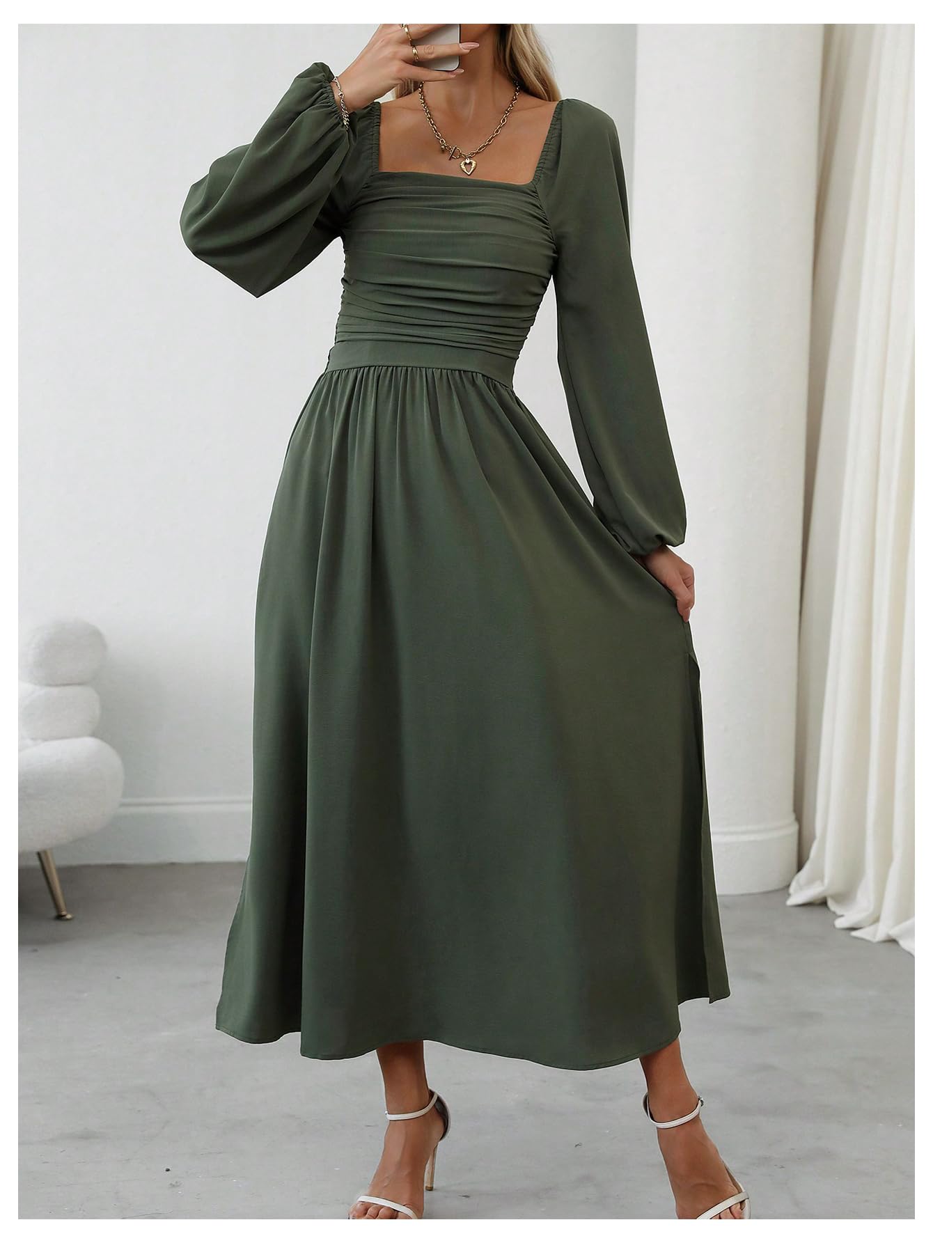 Floerns Women's Square Neck Lantern Long Sleeve Party Dress - Elegant Ruched Midi Dress with Side Split for Evening Events, Weddings & Special Occasions