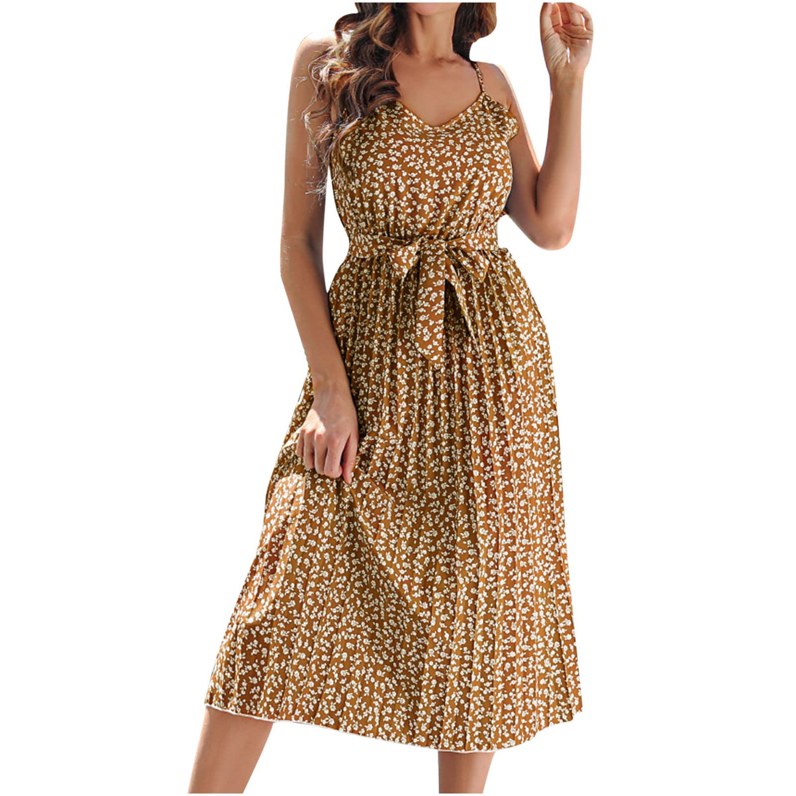 Women's Floral Lace-Up Pleated Summer Dress - Flowy Midi Swing Dress for Casual Wear, Wedding Guest & Special Occasions - Plus Size Boho Chic Beach Dress for Vacation & Outdoor Events