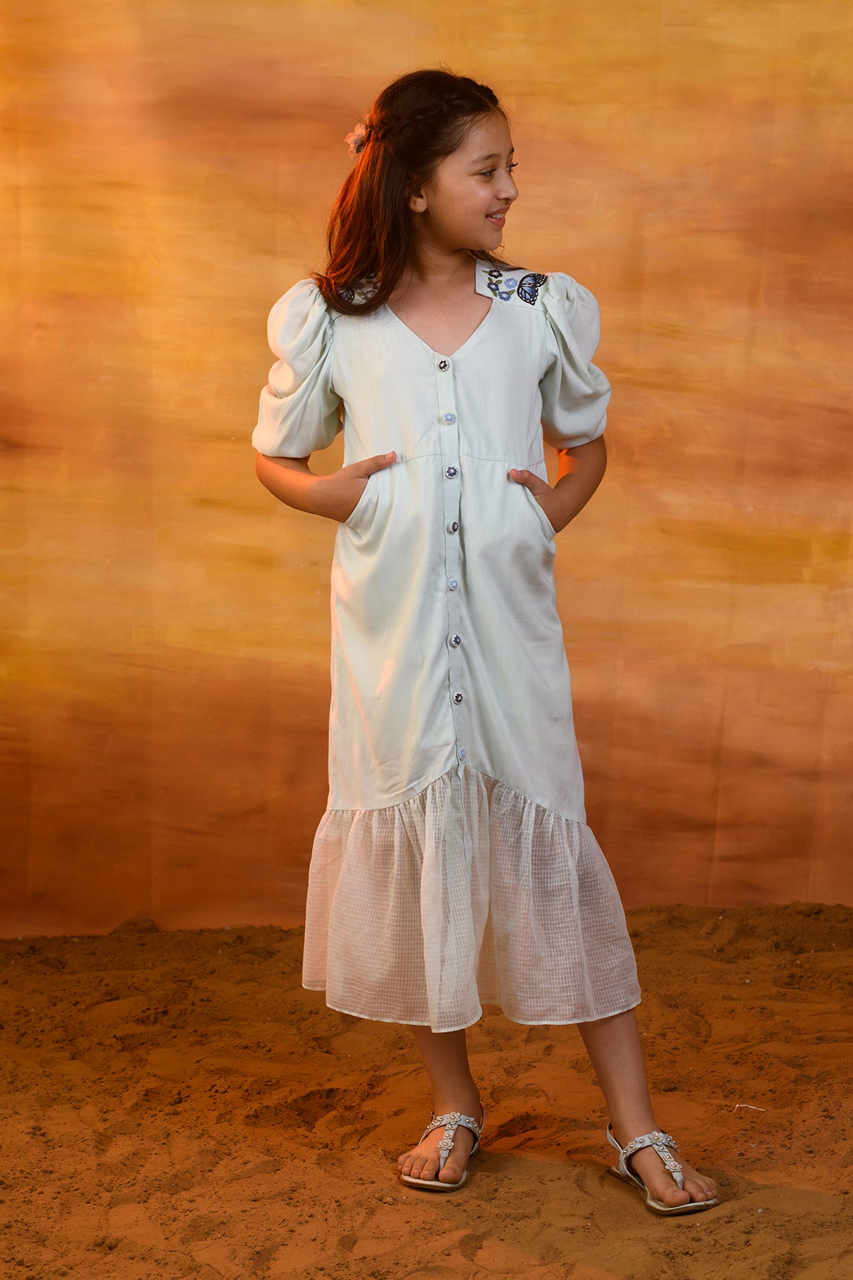 Butterfly Bush Embroidered Dress for Girls - Floral Thread Design, Summer Casual & Party Wear