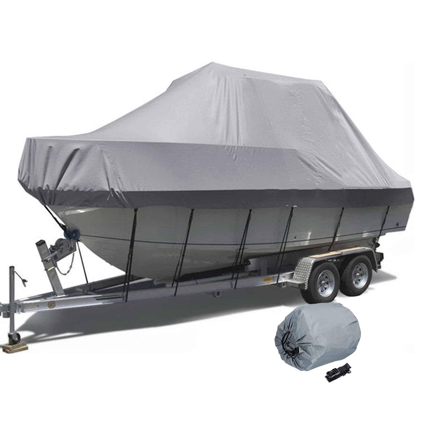 RTMX&kk 210D Oxford Fabric Waterproof UV Resistant Boat Cover - Trailerable Jumbo Size for 19ft~21ft Boats with T-Top/Hard Top (Gray) | Perfect for Outdoor Storage, Mooring & Trailering Protection