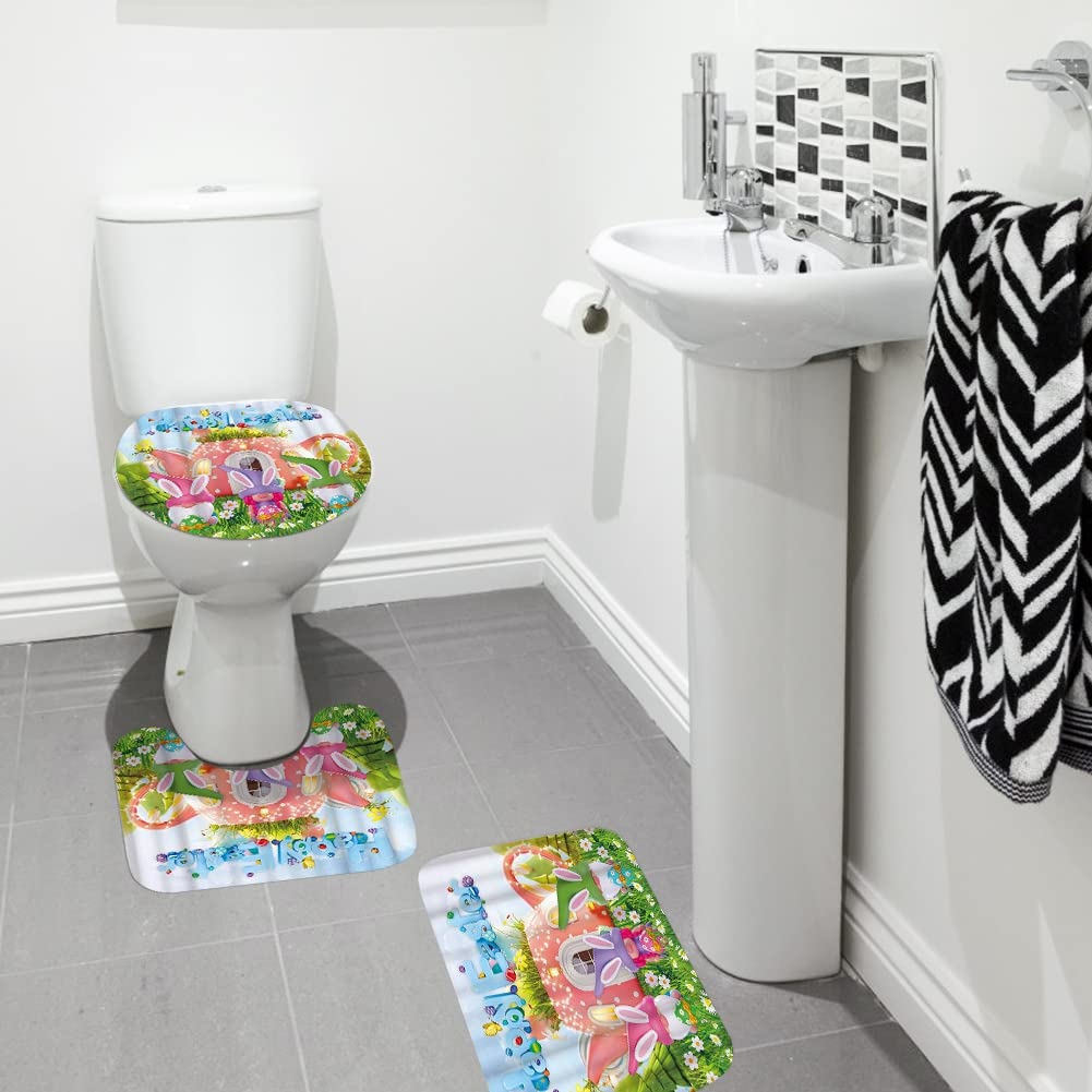 Easter Shower Curtain Set - 4Pcs Waterproof Polyester Bathroom Decor with Bunny & Egg Design | Perfect for Easter Home Decor & Spring Bathroom Accessories