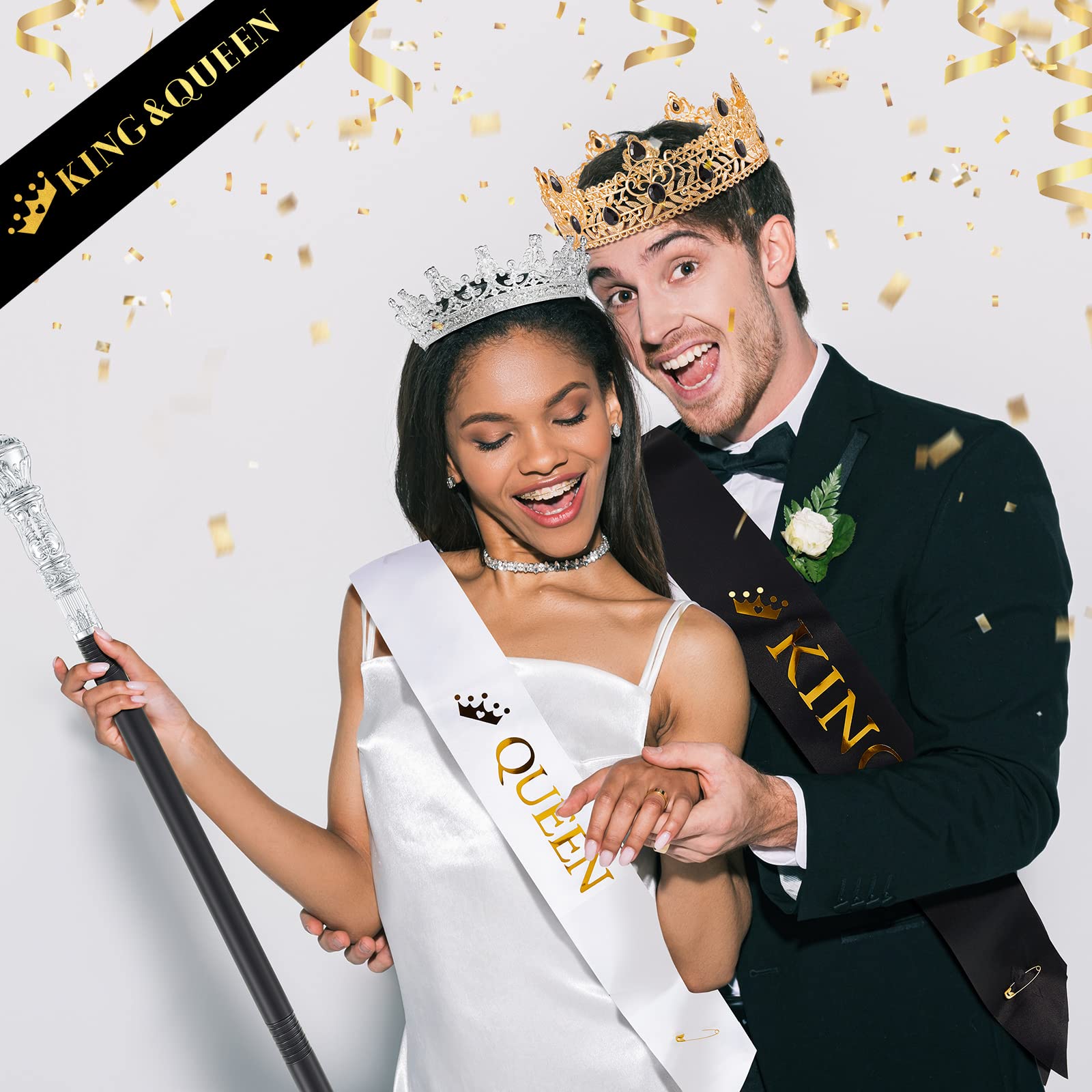 Zhanmai 6-Piece Prom King & Queen Crown Set with Walking Canes & Sashes - Perfect for Graduation, Birthday Parties, Halloween Costumes & Royal Theme Events