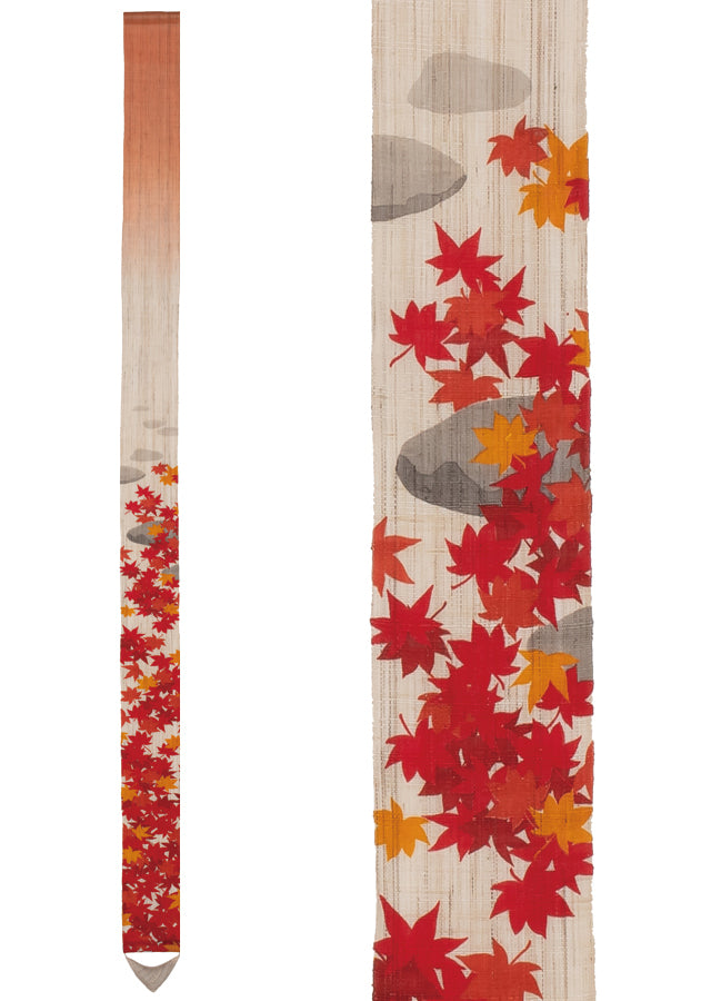 Hand-Dyed Linen Japanese Narrow Tapestry - Autumn Leaves Kyoto Noren Wall Hanging Scroll | Traditional Home Decor for Living Room, Bedroom & Entryway