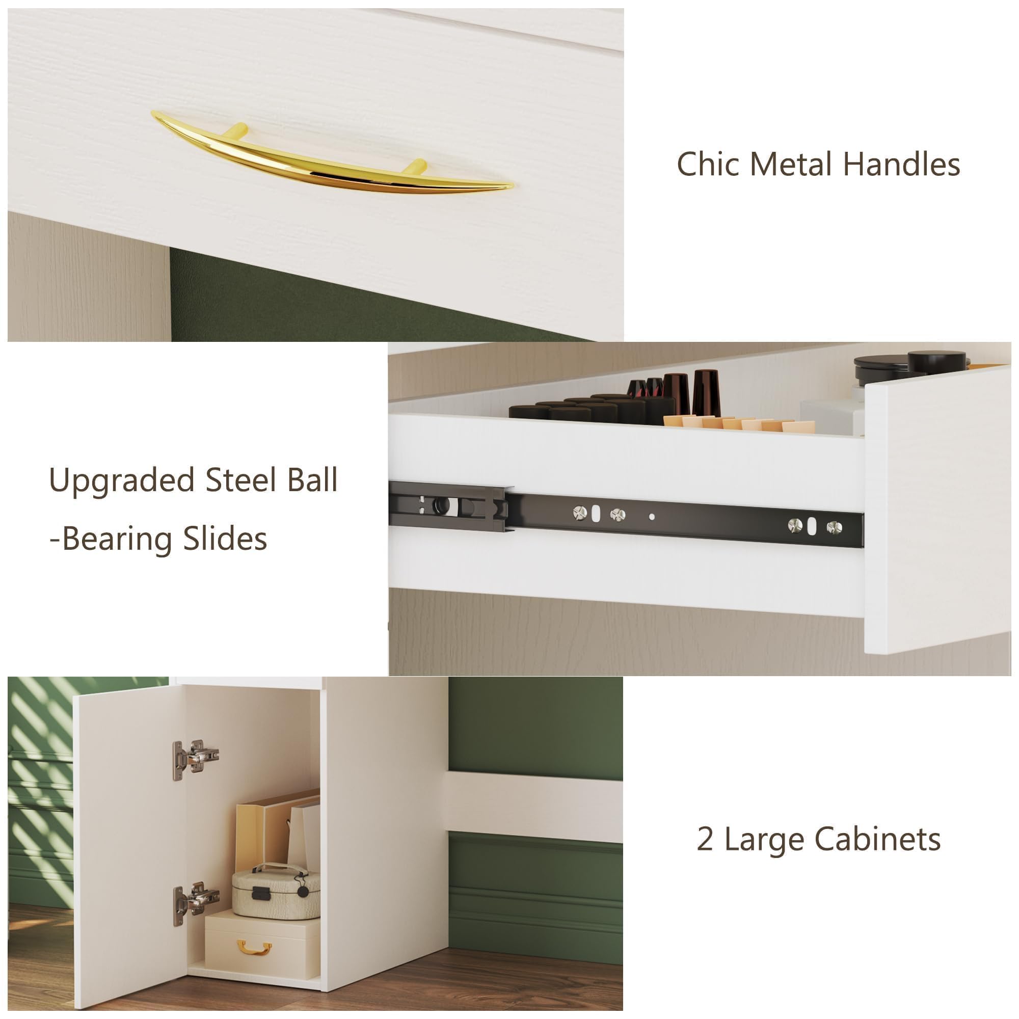 White Makeup Vanity Desk with LED Lights & Mirror - 3 Light Settings, Power Outlet, 5 Drawers & 2 Cabinets - Bedroom Vanity Table with Shelves for Cosmetics & Jewelry Organization | Perfect for Makeup Application, Dressing Area & Home Decor