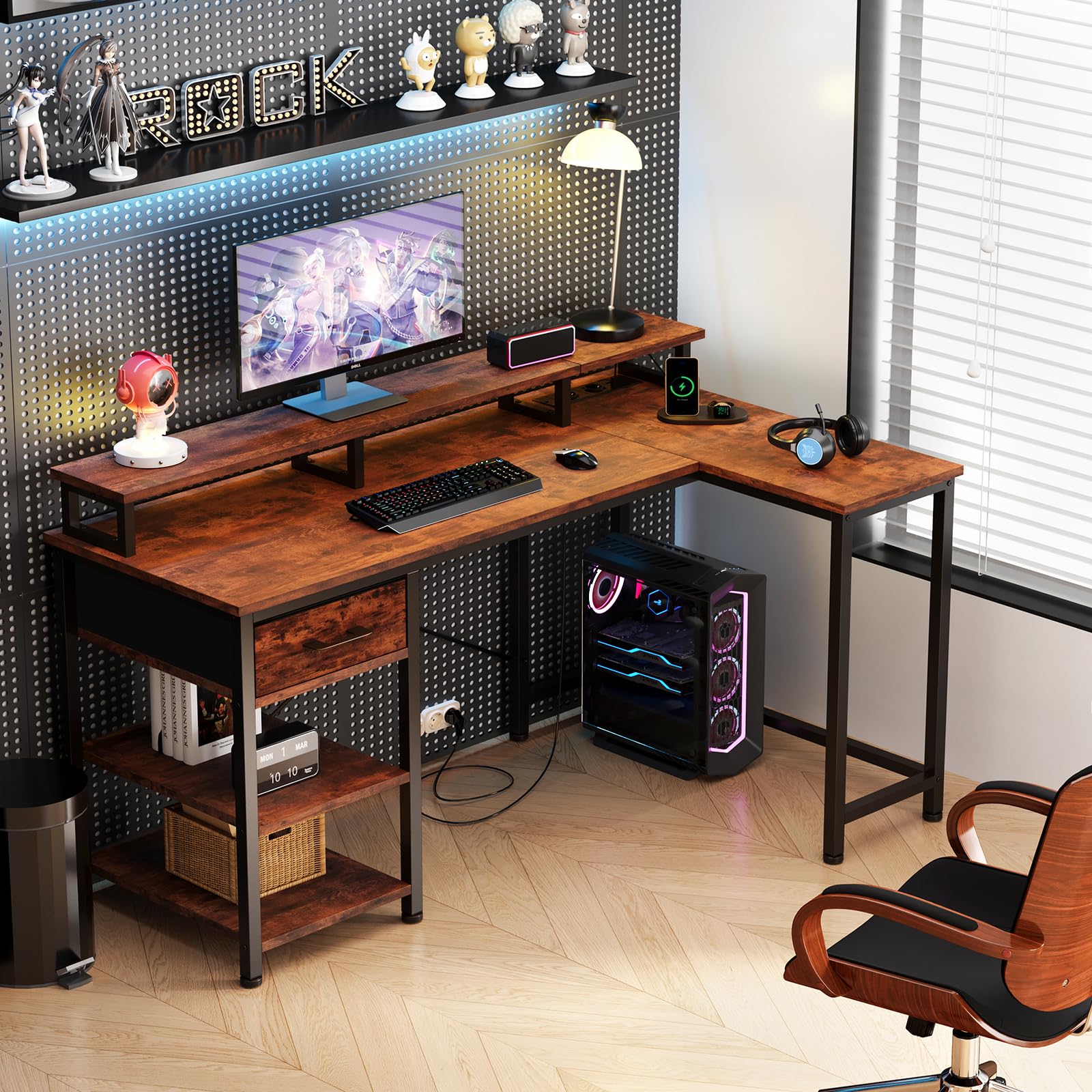 Dripex L-Shaped Corner Computer Desk with USB Charging Port, Monitor Stand & Power Outlet - Perfect for Home Office, Gaming & Study Setup