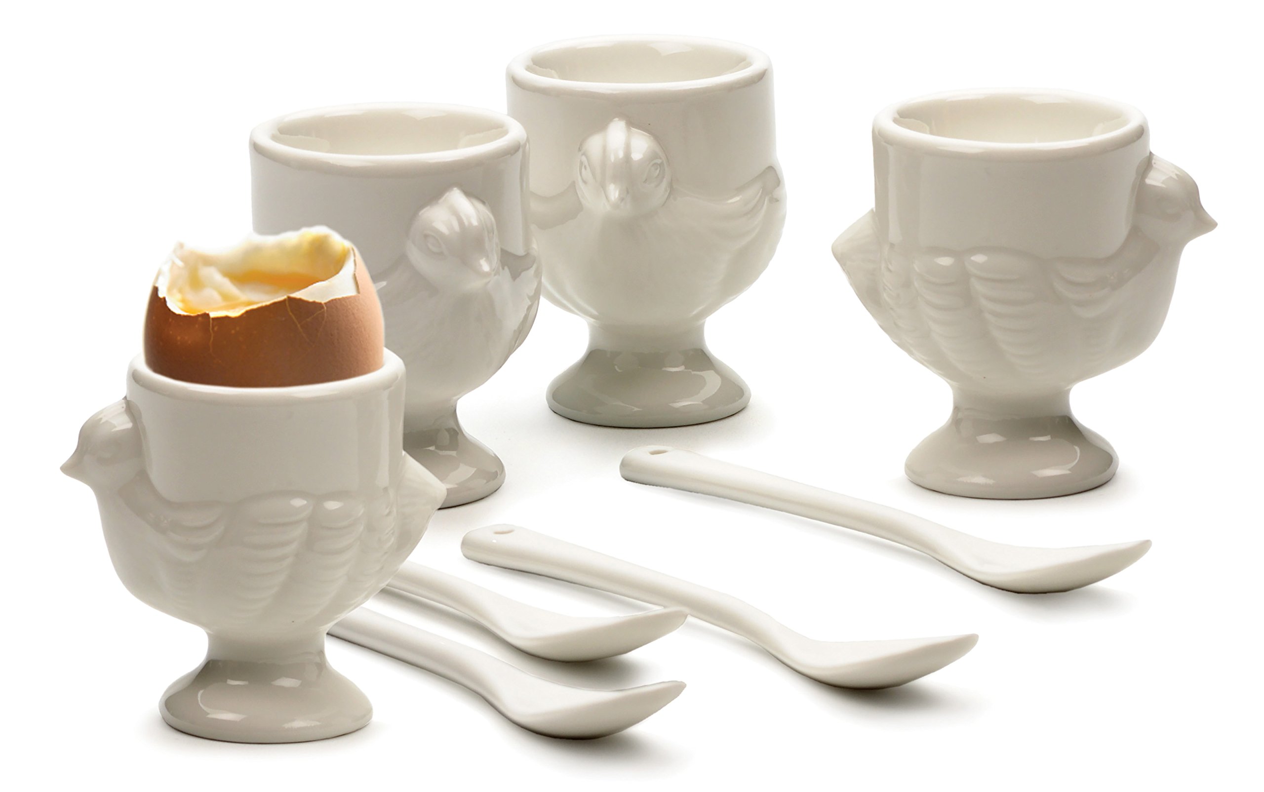 RSVP International 4-Piece White Porcelain Poached Egg Spoon Set – Perfect for Serving Jam, Honey, Soft Boiled Eggs (5.5