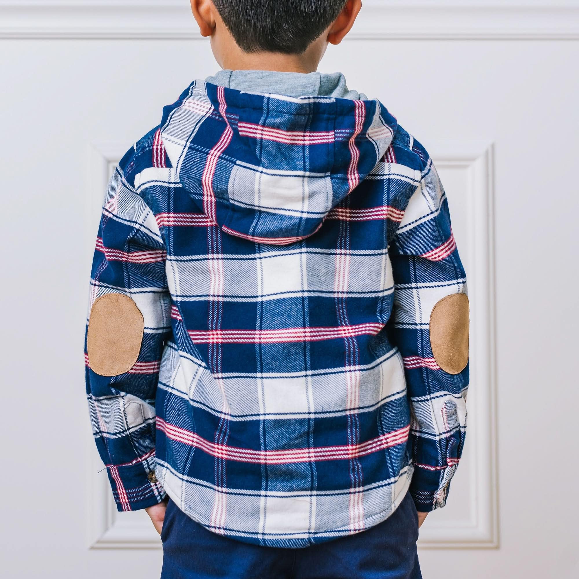 Hope & Henry Boys' Hooded Button Down Jacket with Elbow Patches - Stylish Kids Outerwear for School, Playdates & Outdoor Adventures