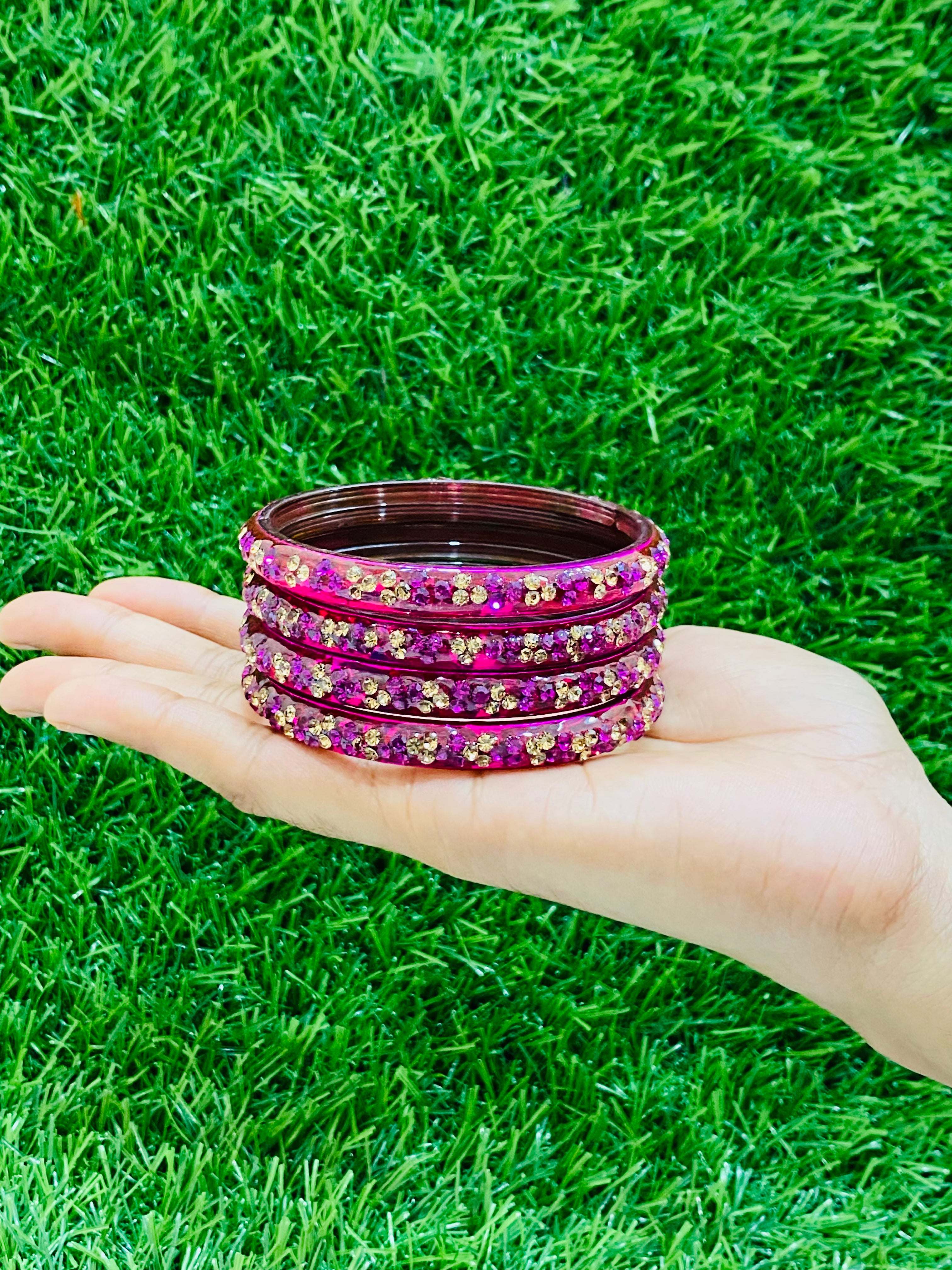 Elegant Rani Pink Glass Bangles with Stone Design for Women - Perfect for Weddings, Parties & Ethnic Fashion Accessories