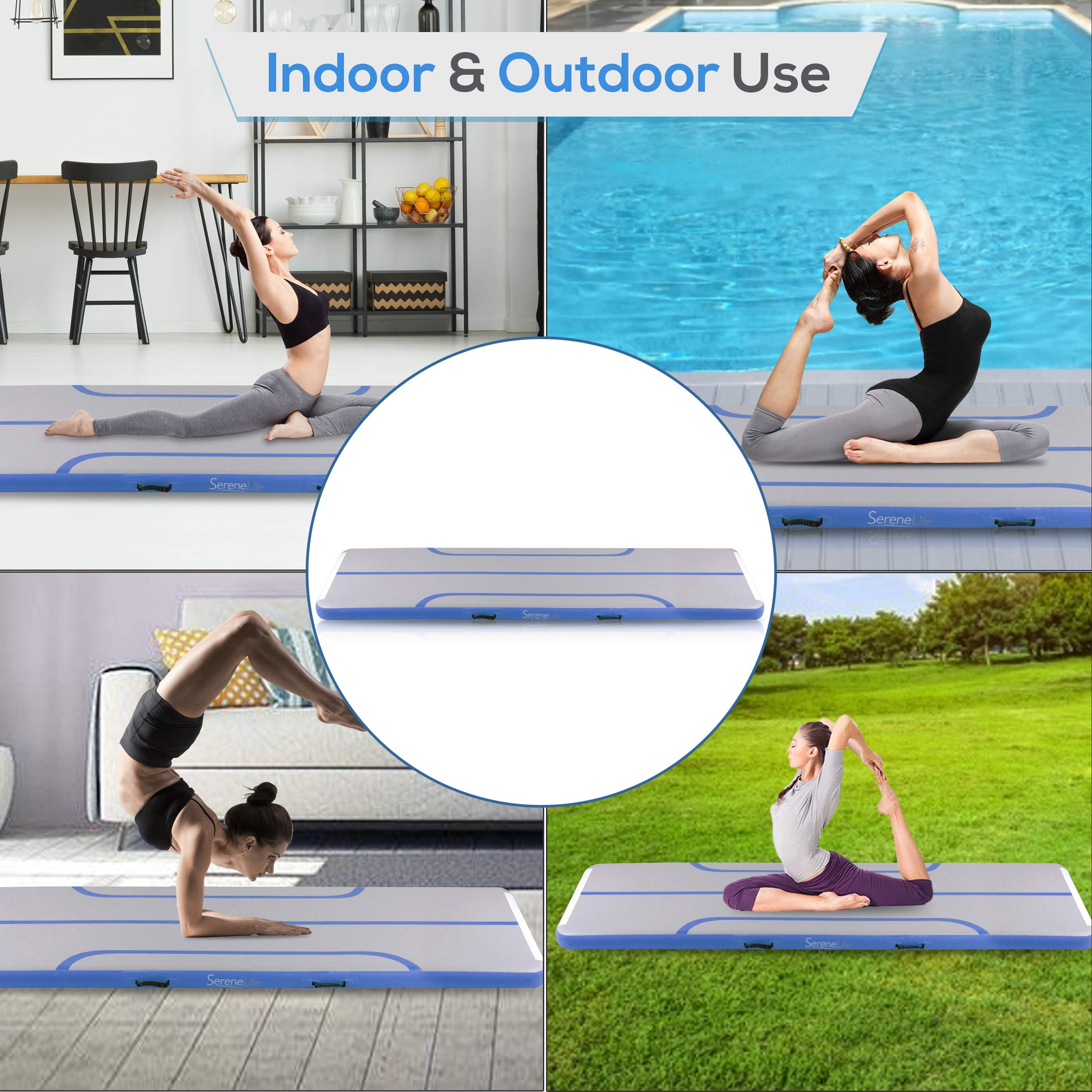 SereneLife 10FT Inflatable Gymnastics Air Tumbling Mat - 4in Thick Floating Water Mat for Yoga, Cheerleading & Training | Portable Foldable Design with Electric Air Pump | Perfect for Backyard, Pool, Gym & Indoor Workouts