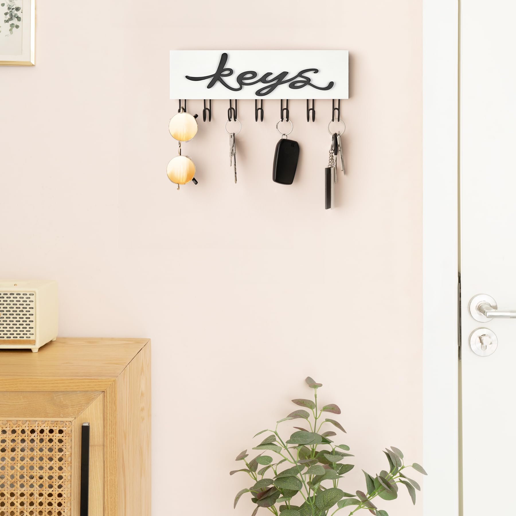 Rustic Wood Wall Key Holder with 7 Hooks - Farmhouse Style Entryway Organizer for Keys, Hats & Accessories | Perfect for Hallway, Office & Home Decor (White)