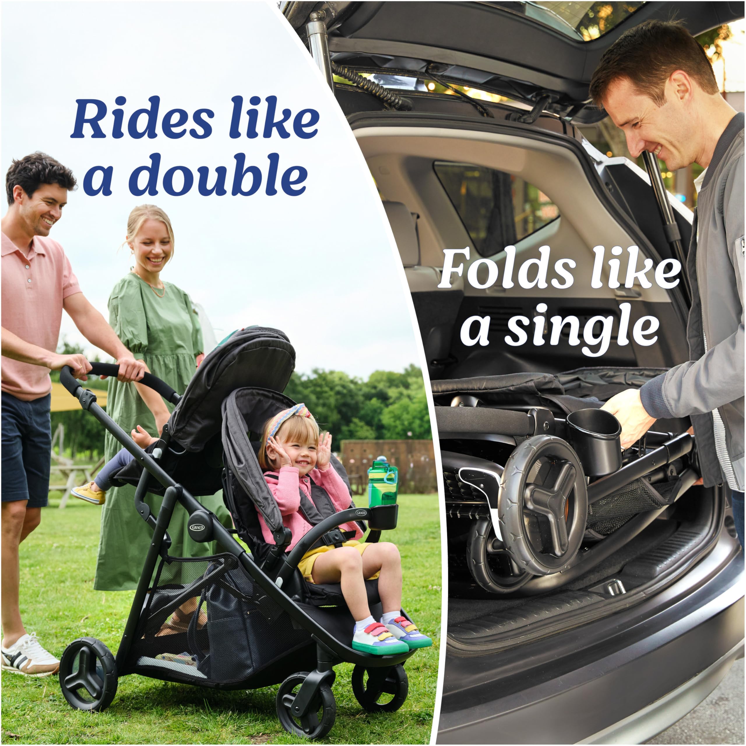 Graco Ready2Grow LX 2.0 Double Stroller with Bench Seat & Standing Platform - Lightweight Compact Foldable Stroller for Twins & Siblings - Perfect for Shopping, Travel & Daily Walks