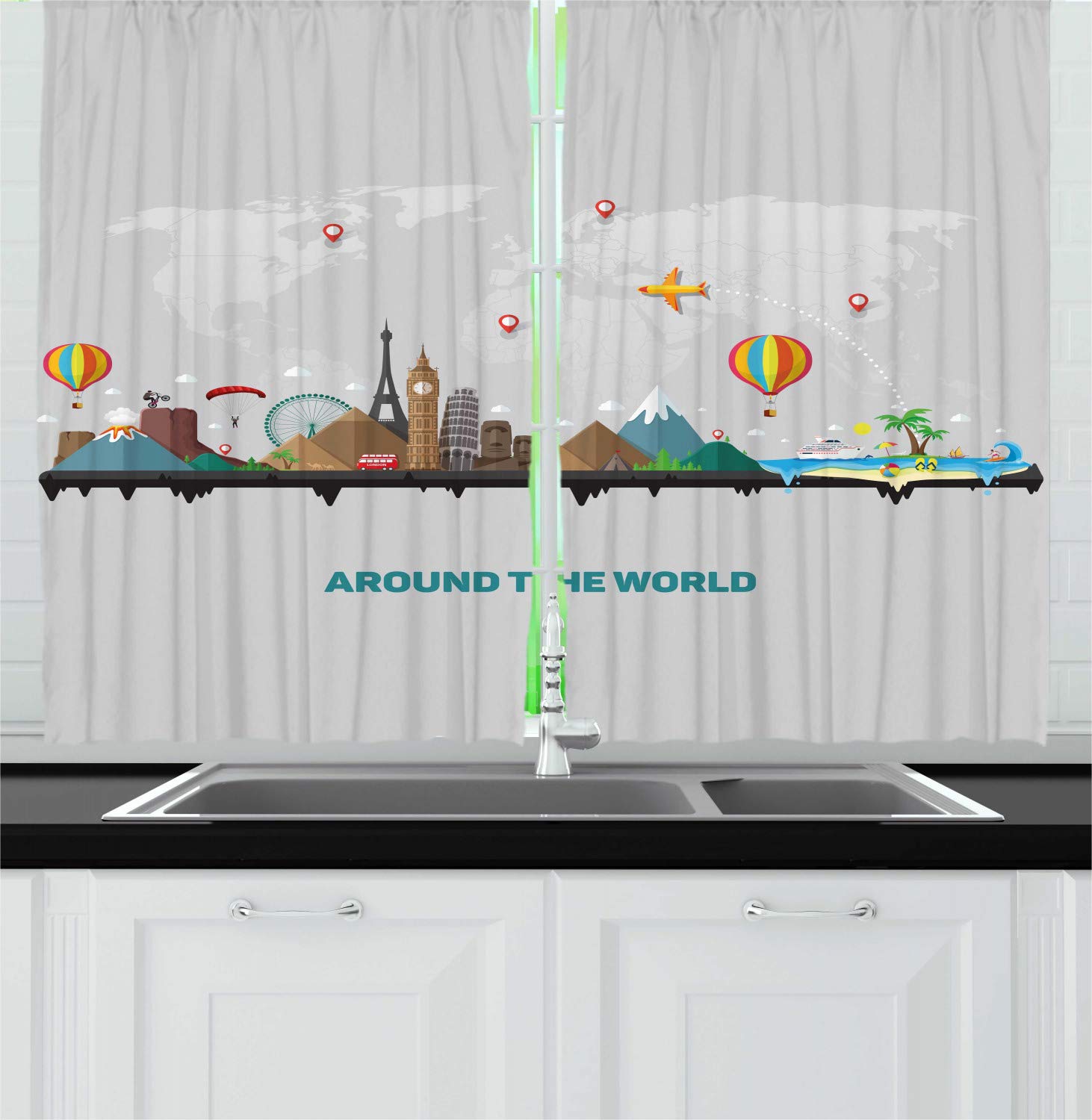 Ambesonne World Map Kitchen Curtains Set of 2 - Famous Landmarks Travel Themed Window Drapes 55