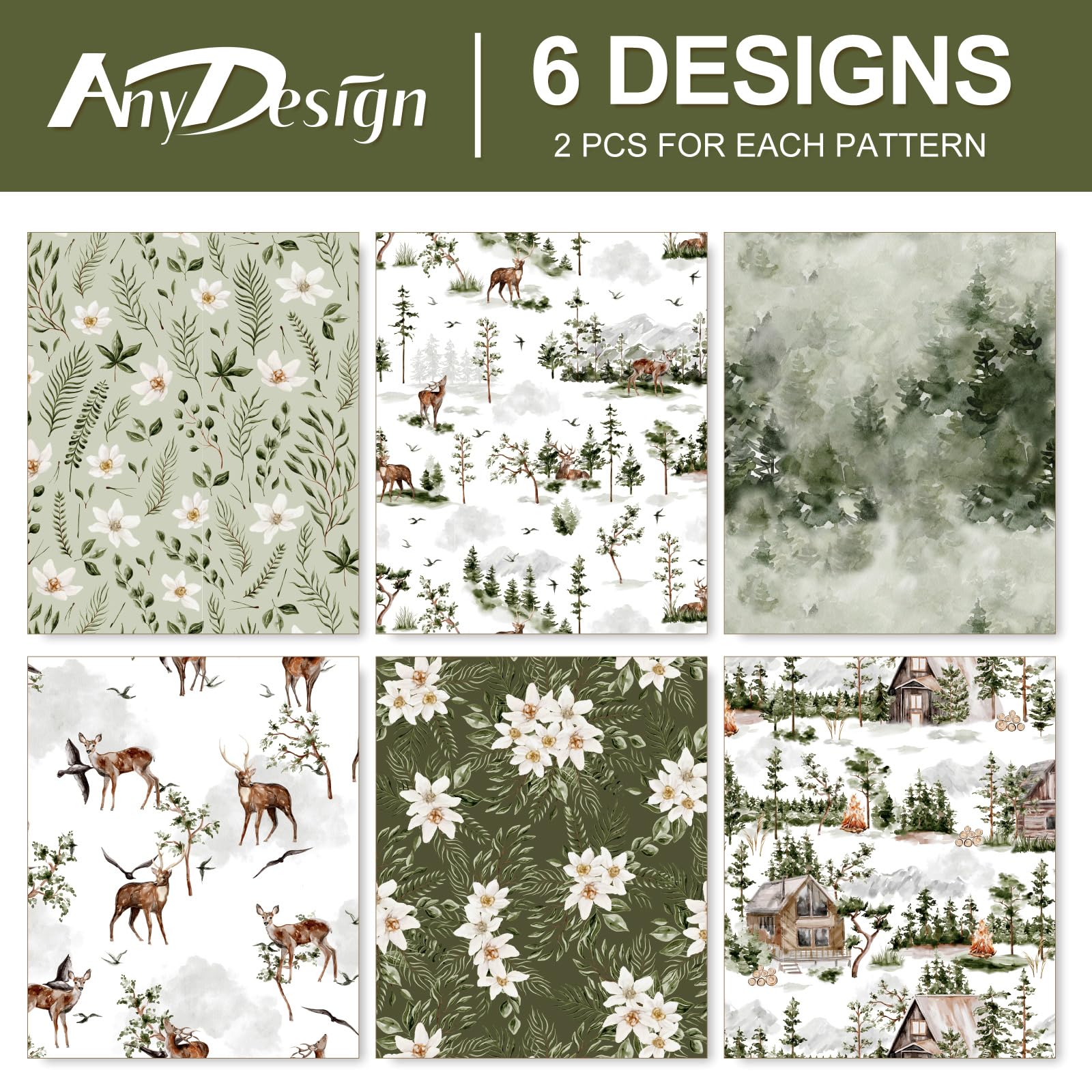 AnyDesign 12-Sheet Greenery Wrapping Paper Set - Forest, Reindeer & Floral Patterns - 19.7 x 27.6 Inch Bulk Gift Wrap for Christmas, Birthday, Party Decorations - Eco-Friendly Art Paper for DIY Crafts & Present Wrapping