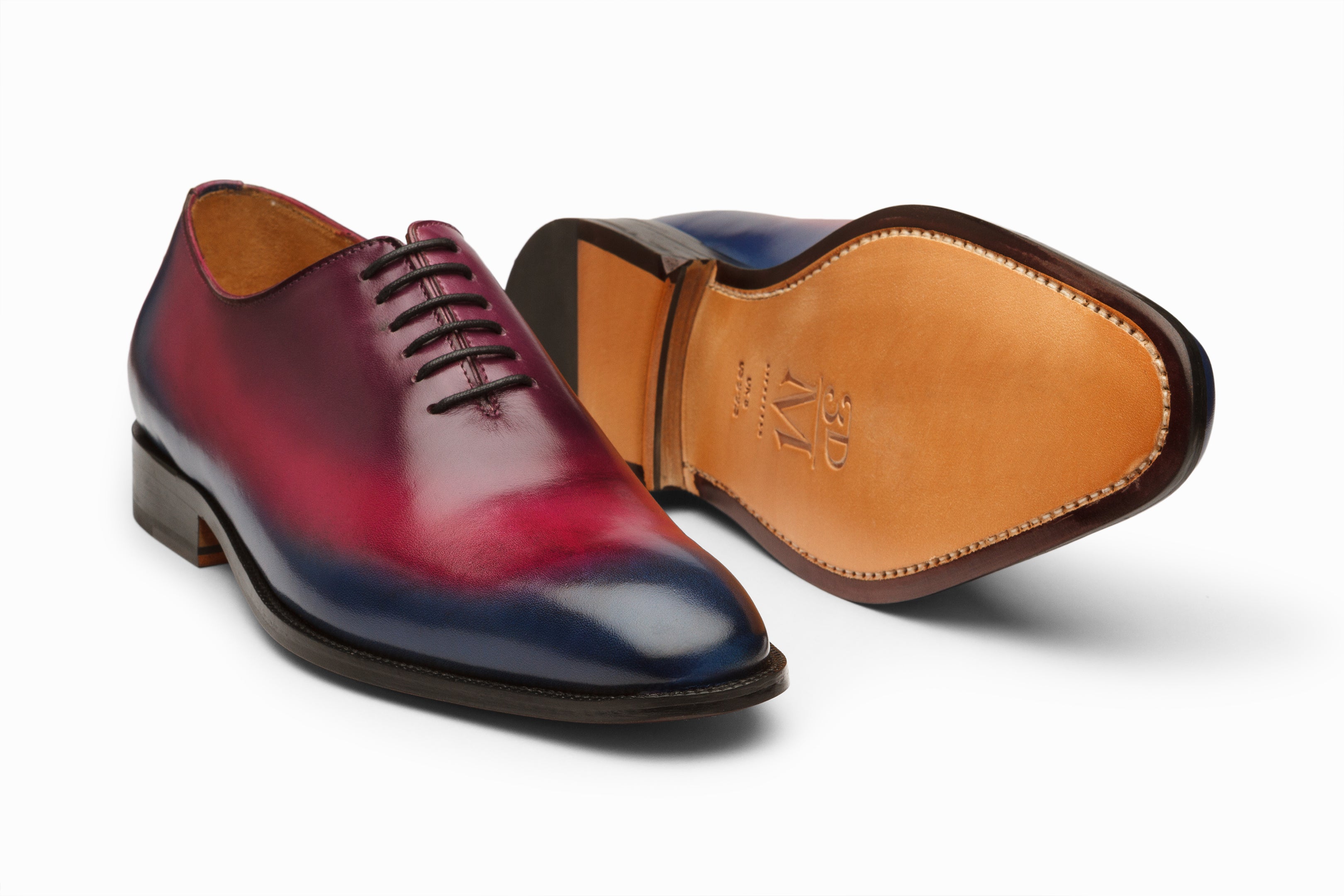 Premium Wholecut Oxford Shoes for Men - Blue, Pink & Purple Patina Finish - Formal & Business Attire, Office Wear & Special Occasions
