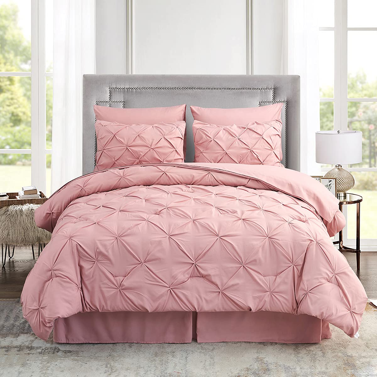 HAOK 8-Piece Pinch Pleat Bedding Comforter Set - 500GSM Microfiber Down Alternative Comforter with Pintuck Design, Twin Size in Blush Pink | Luxury Bed in a Bag Set for Guest Rooms, Dorm & Cozy Bedroom Decor