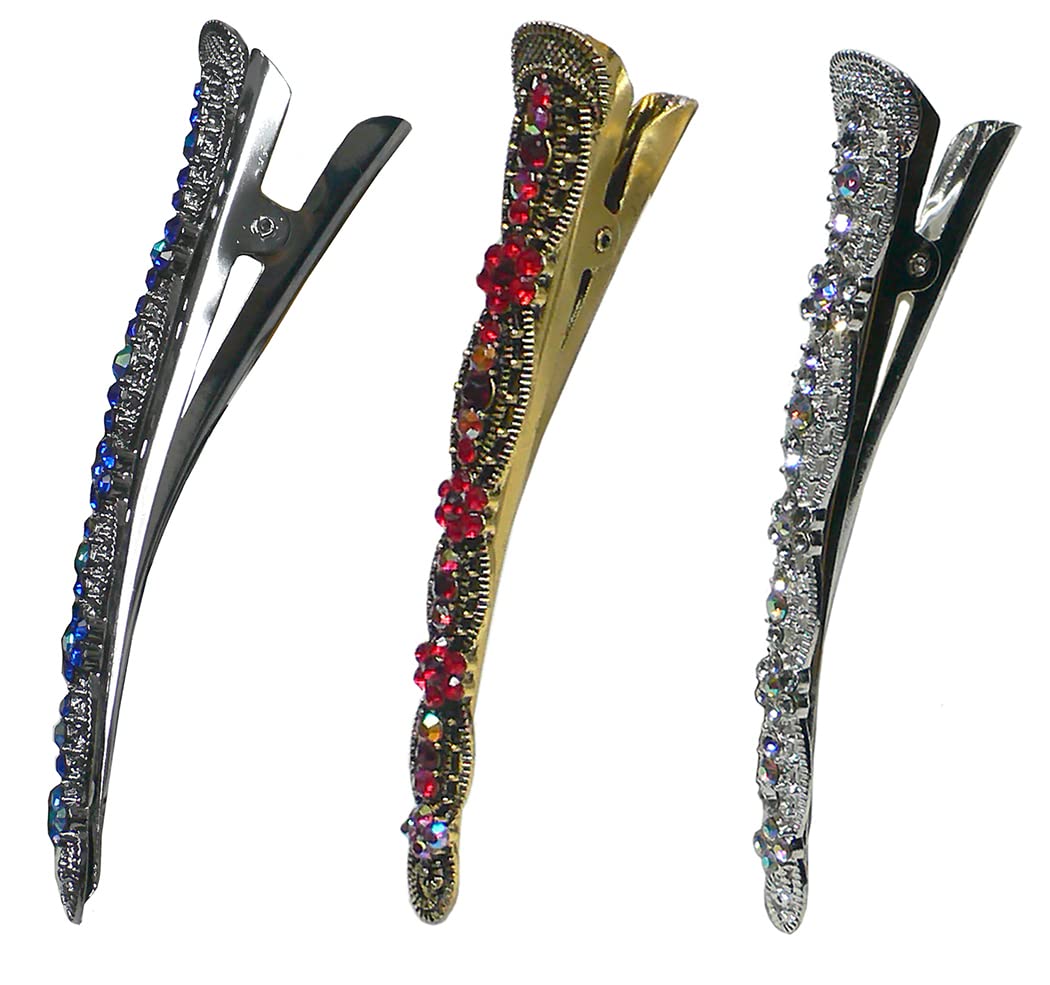3 Pack JCGY Alligator Hair Clips with U-Shaped Underclip for Thin Hair - Bridal Duckbill Hair Clips with Strong Hold (Blue, Red, Crystal) - Perfect for Weddings, Prom, and Everyday Styling