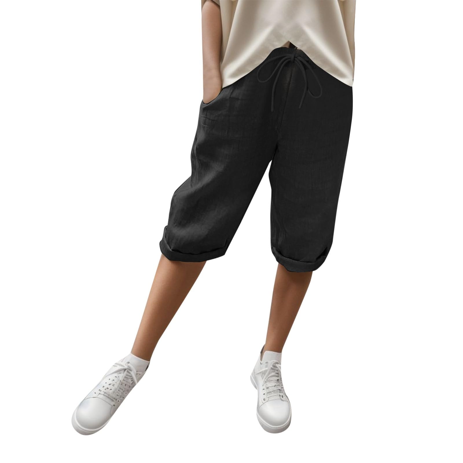 Women's Linen Bermuda Shorts - Elastic Waist with Pockets | Summer Casual Wear
