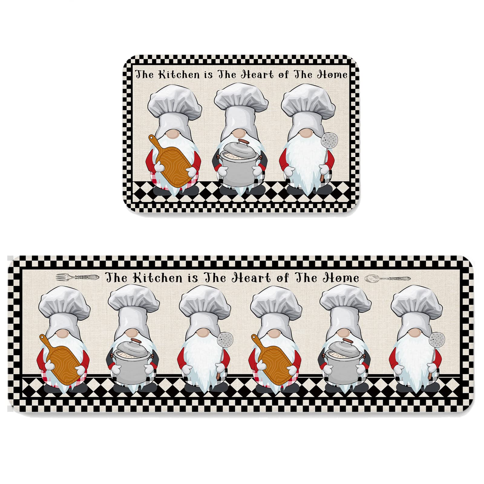 Premium 2-Piece Non-Slip Kitchen Rug Set - Soft Standing Chef Gnome Design Floor Mats for Cooking & Food Prep - Black & White Gingham Indoor Doormat & Runner - Perfect for Kitchens, Bathrooms & Entryways